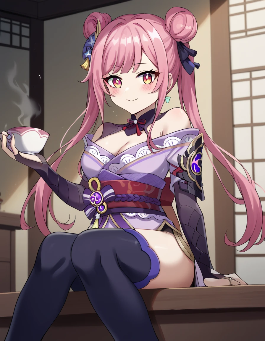 score_9, score_8_up, score_7_up, source_anime, <lora:tao-yuifa-s1-ponyxl-lora-nochekaiser:1>, tao yuifa, long hair, bangs, twintails, hair ribbon, pink hair, pink eyes, hair bun, double bun, medium breasts,, <lora:raiden-shogun-cosplay-ponyxl-lora-nochekaiser:1>, raiden shogun cosplay, raiden shogun (genshin impact) (cosplay), black gloves, black thighhighs, bridal gauntlets, cleavage, gloves, gold trim, japanese clothes, kimono, neck ribbon, neck tassel, obiage, obijime, off shoulder, purple kimono, red ribbon, red sash, ribbon, sash, short kimono, tassel, tassel hair ornament, thighhighs, thighs, vision (genshin impact), zettai ryouiki,, indoors, sitting, dango, tea, smile, blush,, cowboy shot, looking at viewer, , dutch angle, cowboy shot