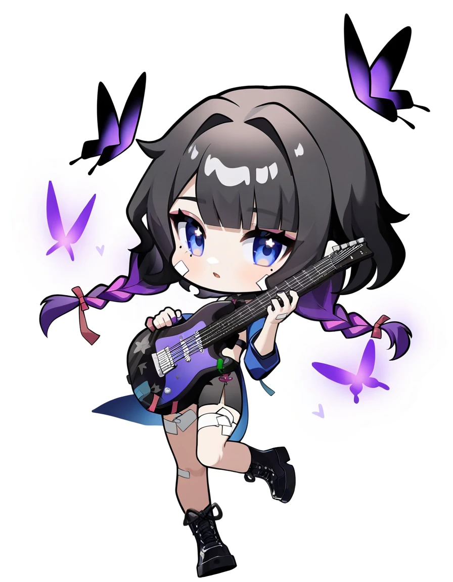 xytx-yelai, 1girl, solo, anotherstyle, chibi, instrument, black hair, bug, butterfly, braid, black footwear, white background, multicolored hair, full body, holding instrument, holding, guitar, blue eyes, simple background, bandaid, looking at viewer, mole under eye, mole, standing on one leg, purple hair, twin braids,<lora:yelai_noob:1>,masterpiece,best quality,very aesthetic,absurdres,