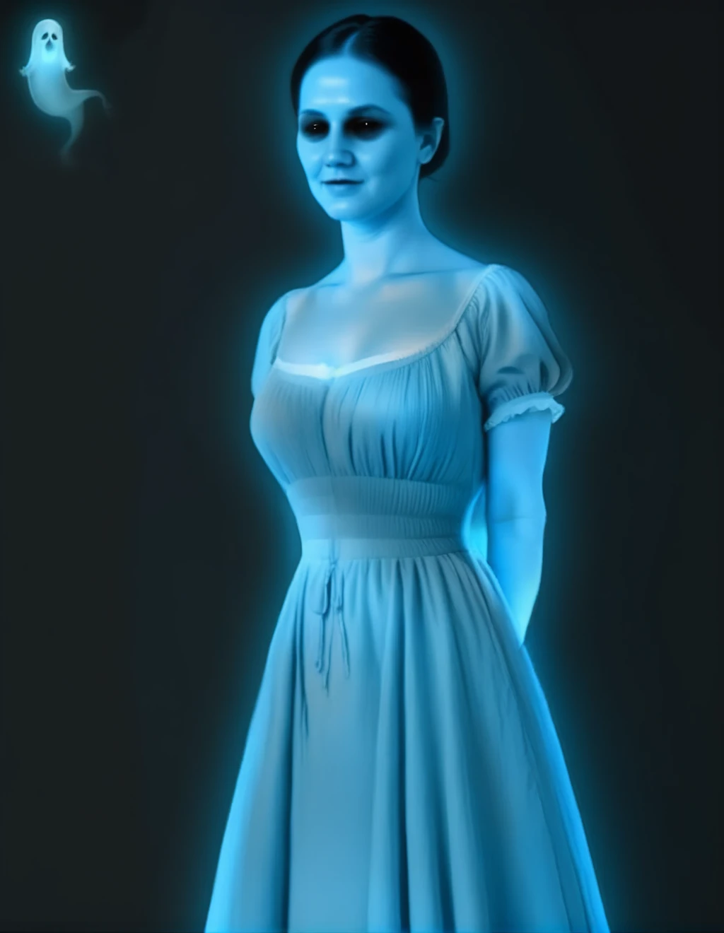 MaryTheGhostGirl, dress, blue skin, ghost, black eyes, glowing, simple black background, hands behind back
 <lora:MaryTheGhostGirl-000005:0.7>