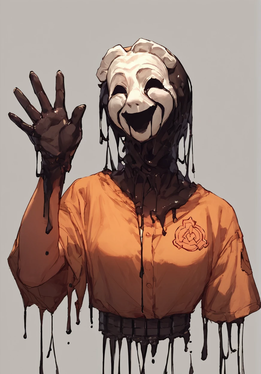 <lora:scp035-10:1> source_anime,  score_9, score_8_up, score_7_up, scp035, solo, simple background, waving, upper body, waist, prison background, locked in cell, black slime,, score_9, score_8_up, score_7_up, masterpiece, best quality