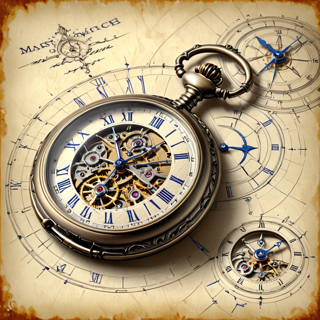 A blueprint of pocket watch, technical drawing, Concept art, three-side view, 3D rendering, detailed background, detailed shading, drawing of decorative lines on parchment paper, expressive style, featuring a patterned texture and jagged edges, full-body shot, high resolution, highly detailed and intricate, natural lighting, on patterned paper, showcasing the design in a antique style, parchment background, faded tone, ultra-realistic, with a patterned texture on paper, a very detailed technical drawing with notes on rusty paper.   masterpiece, detailed, best quality, absurd resolution,  <lora:artfully_BLUPRNT3D:0.8>