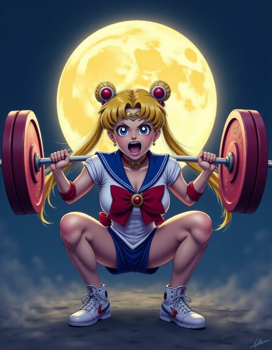 <lora:squ4t-step00000750:0.9> squ4t,  sailor moon squatting with a barbell with the moon behind her, muscular build, sport outfit, screaming,