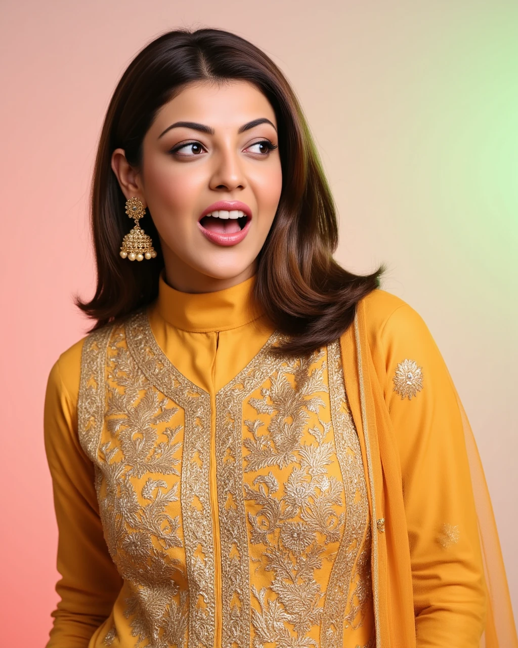 headshot photo of Kajal Aggarwal woman,candid photo with natural colors, shouting expression on face,studio quality, wearing intricate conservative turtleneck Ochre Palazzo Suit, straight hair, pastel shaded multicolored background, cinematic soft lighting<lora:TestBed\Kajal_Aggarwal_2024_Flux_Kohya_LoRA_v1.safetensors:1.0:1.0>