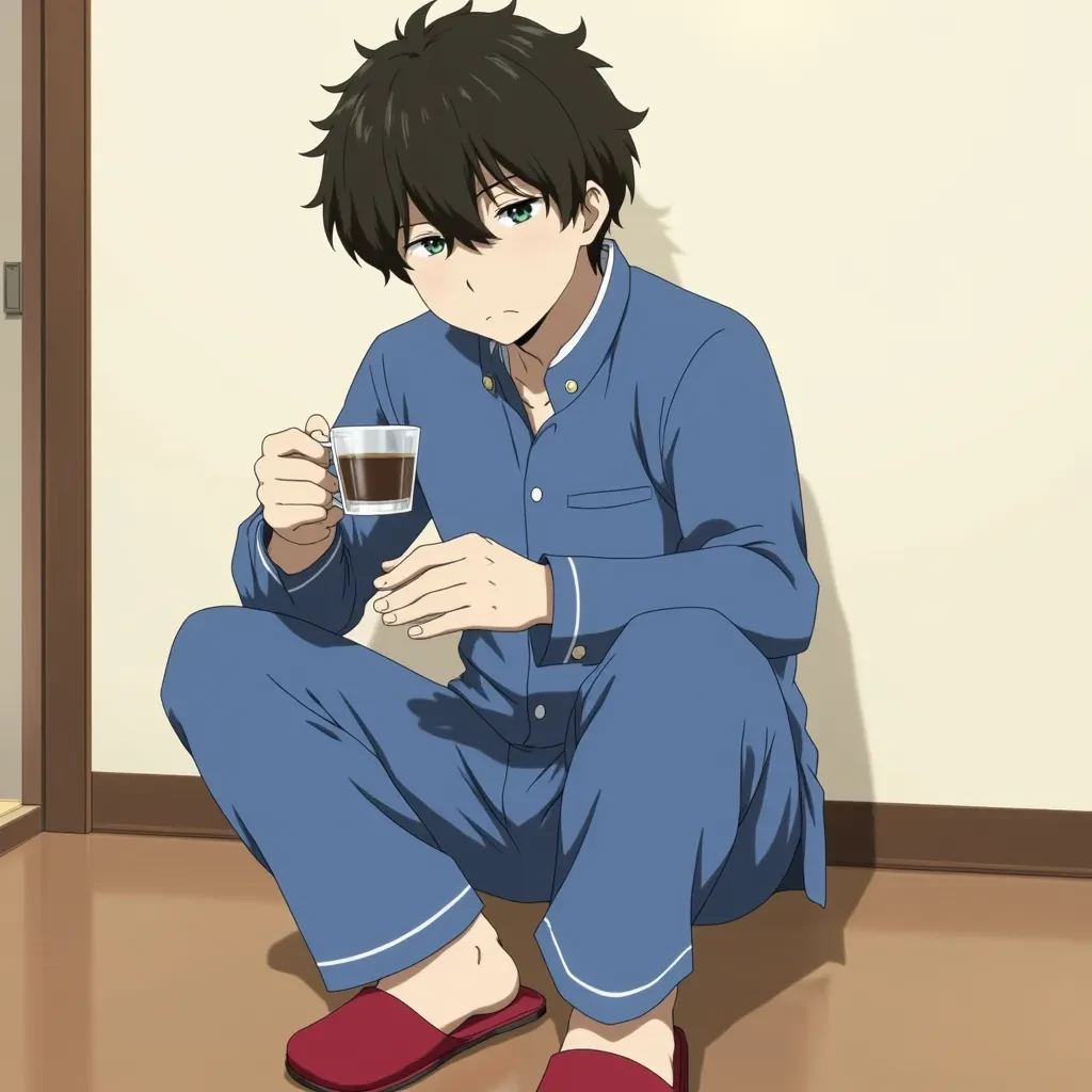 oreki, hotaro, wearing blue pajamas and red slippers. His expression is bored, His hair is disheveled and he is holding a glass of coffee in his hand. Looking at camera. Green eyes, black hair