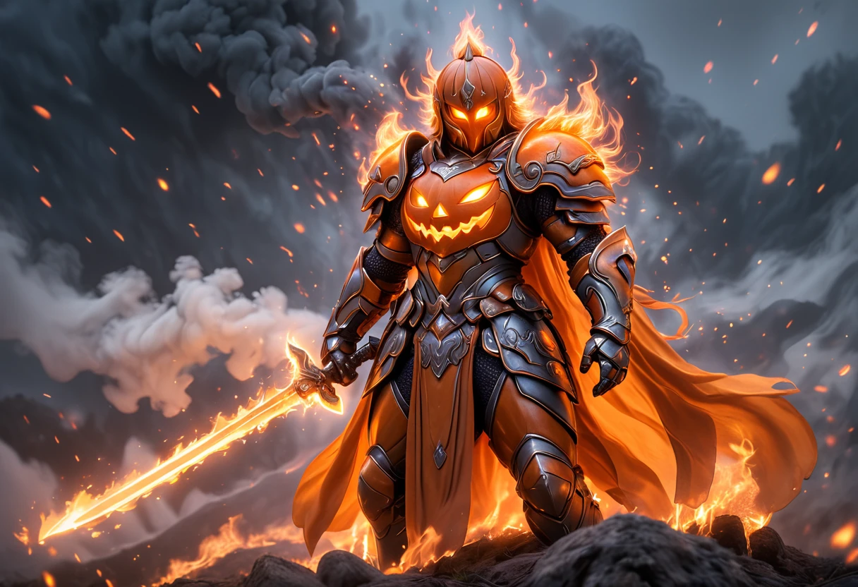 jackoknight, pumpkin armor, pumpkin helmet, A lone knight stands on the battlefield, surrounded by smoke and fire, their glowing armor a beacon of unwavering strength. With a sword gripped firmly in hand, the flames of battle reflect in their eyes as long hair flows like a banner in the wind. Clad in full armor, from helmet to gauntlets, they are ready for whatever the war may bring. The fire and smoke may rage, but this warrior's resolve remains unshaken, facing the chaos head-on, standing alone but unbroken.