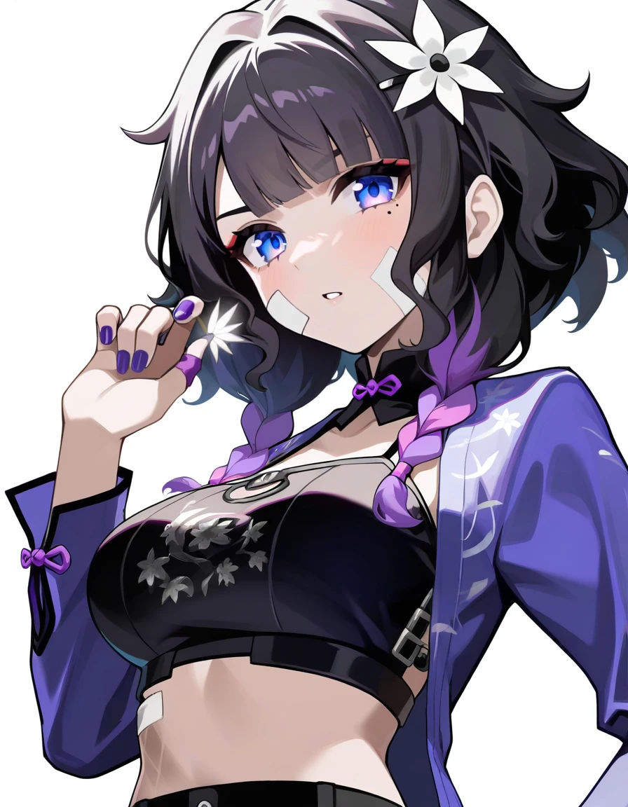 white background,simple background,looking at viewer,xytx-yelai,1girl,solo,hair ornament,multicolored hair,black hair,mole under eye,purple hair,hair flower,braid,twin braids,breasts,bandaid,bandaid on face,jacket,purple jacket,blue eyes,crop top,purple nails,long sleeves,<lora:yelai_noob:1>,masterpiece,best quality,very aesthetic,absurdres,