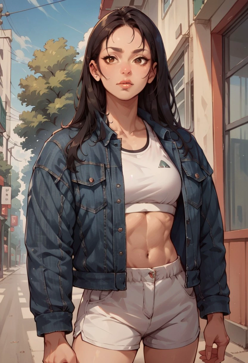 score_9, score_8_up, score_7_up, score_6_up, 1girl, asian, long black hair, brown eyes, unbuttoned dnm jacket, white sports bra, shorts, on the street, blue sky, portrait