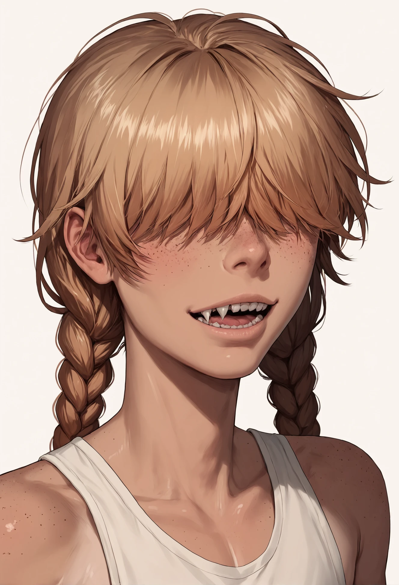 score_9, score_8_up, score_7_up, realistic,
 <lora:Ellie:.7> ellie, femboy, hair covers eyes, braids, pigtails, twin braids, freckles, tan, 1boy
, solo, teeth, sharp teeth, 
standing,
looking at viewer, 
white background, simple background,, score_9, score_8_up, score_7_up, intricate details, rating_safe, fantasy setting,
depth of field, detailed background,
<lora:ral-chrosc-clr:0.5>, ral-chrosc-clr,
<lora:Expressive_H:0.5>, expessiveH,
<lora:xl_more_art-full_v1:0.3>,
<lora:add-detail-xl:0.3>