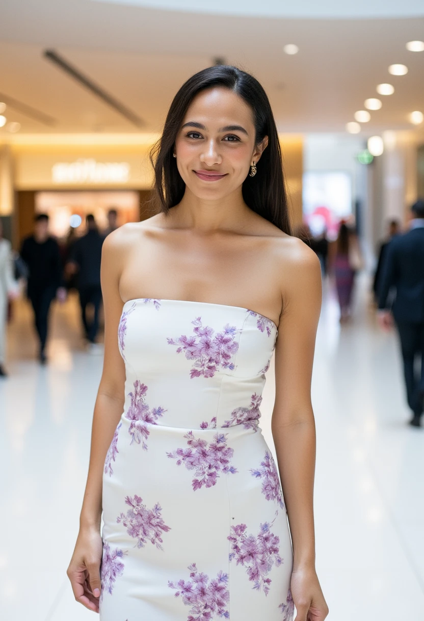 Foto RAW em sequencia, uma foto de uma adolescente 16anos, (((vestindo vestido branco moderno, no shopping em frente a escada rolante))), rosto detalhado, planos de fundo detalhados pouco desfocados, luzes naturais, hdr, foto realista, foto profissional, flerte com o espectador, Visual sexy, fotorrealista, Linda, pele natural, 8k hd, alta qualidade, cinematic grain, Fujifilm XT3. Rosto similar a Jenifer Lopes