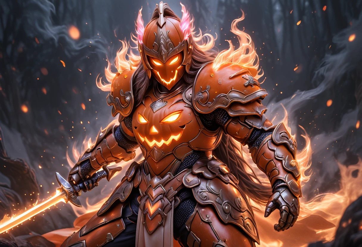 Jackoknight, pumpkin armor, pumpkin helmet, fighting_stance, weapon, armor, sword, full armor, long hair, holding weapon, holding sword, glowing, holding, fire, helmet, gauntlets, shoulder armor, very long hair, solo, knight