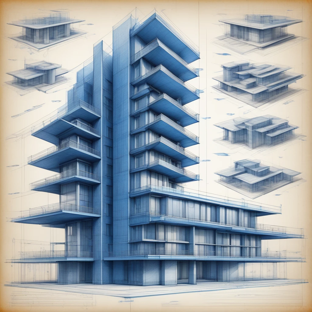 A blueprint of modern architecture, technical drawing, Concept art, three-side view, 3D rendering, detailed background, detailed shading