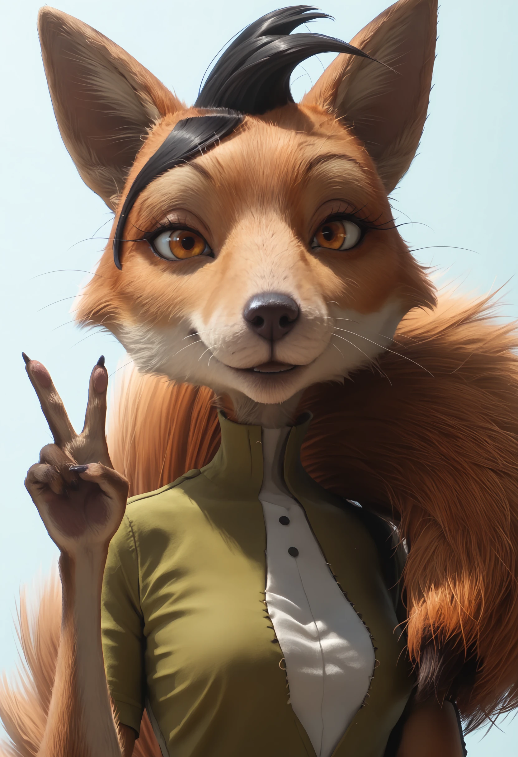 score_9, score_8_up, score_7_up, score_6_up, score_5_up, score_4_up, 1girl, <lora:AngeliqueRango:0.8> solo,  fox, furry, furry female, black hair, orange eyes, animal ears, snout, eyelashes, whiskers, tail, shirt, upper body, standing, looking at viewer, breasts, smile, v sign, 
( light blue background:1.2), simple background,