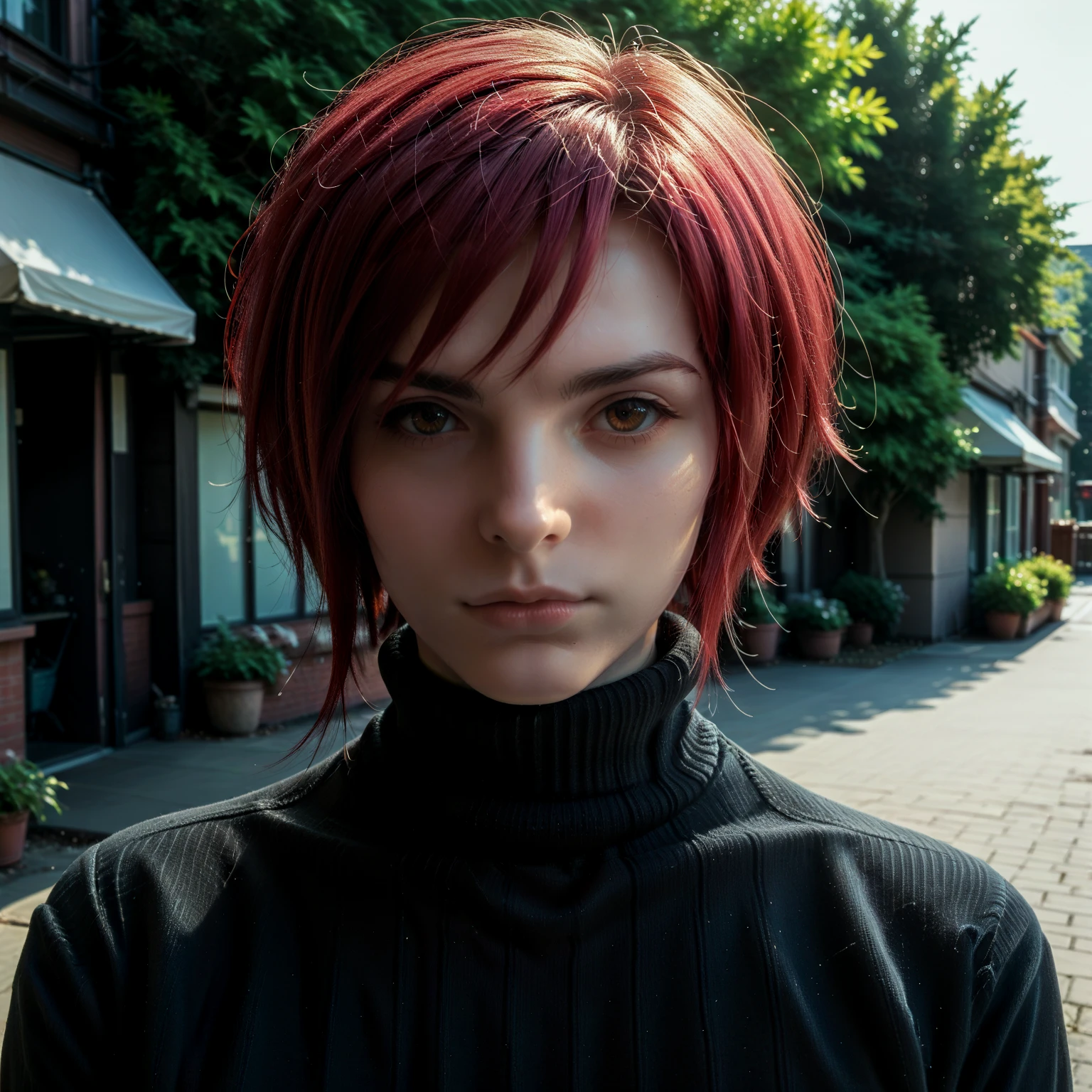 rating_safe, score_9, score_8_up, score_7_up, score_6_up, score_5_up, score_4_up, highres, incredibly absurdres, highly detailed, dim lighting, closed mouth, outdoors, solo, BREAK
jellooanh, brown eyes, short hair, red hair, looking at viewer, black turtleneck sweater, long sleeves
<lora:Jean_Hollywood:0.7>