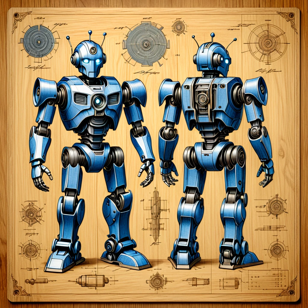 A blueprint of robot, technical drawing, Concept art, three-side view, 3D rendering, detailed background, detailed shading, drawing of stone lines on oak wood paper, expressive style, featuring a engraved texture and sharp edges, full-body shot, high resolution, highly detailed and intricate, natural lighting, on engraved paper, showcasing the design in a vintage style, oak wood background, smoky tone, ultra-realistic, with a engraved texture on paper, a very detailed technical drawing with notes on pre-modern paper.   masterpiece, detailed, best quality, absurd resolution,  <lora:artfully_BLUPRNT3D:0.8>