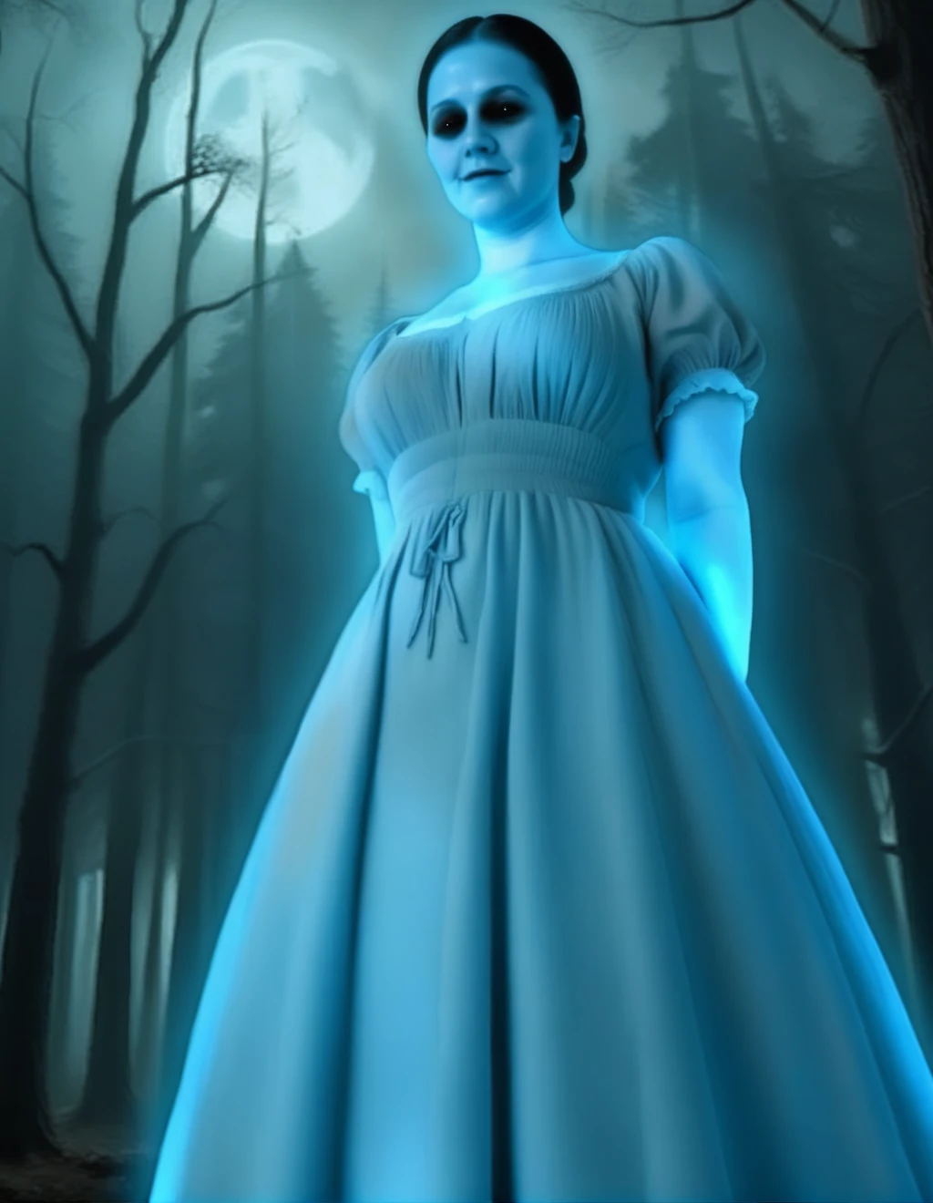 MaryTheGhostGirl, dress, blue skin, black eyes, glowing, next to creepy dead trees in a forest, hands behind back, low angle view
 <lora:MaryTheGhostGirl-000005:0.7>