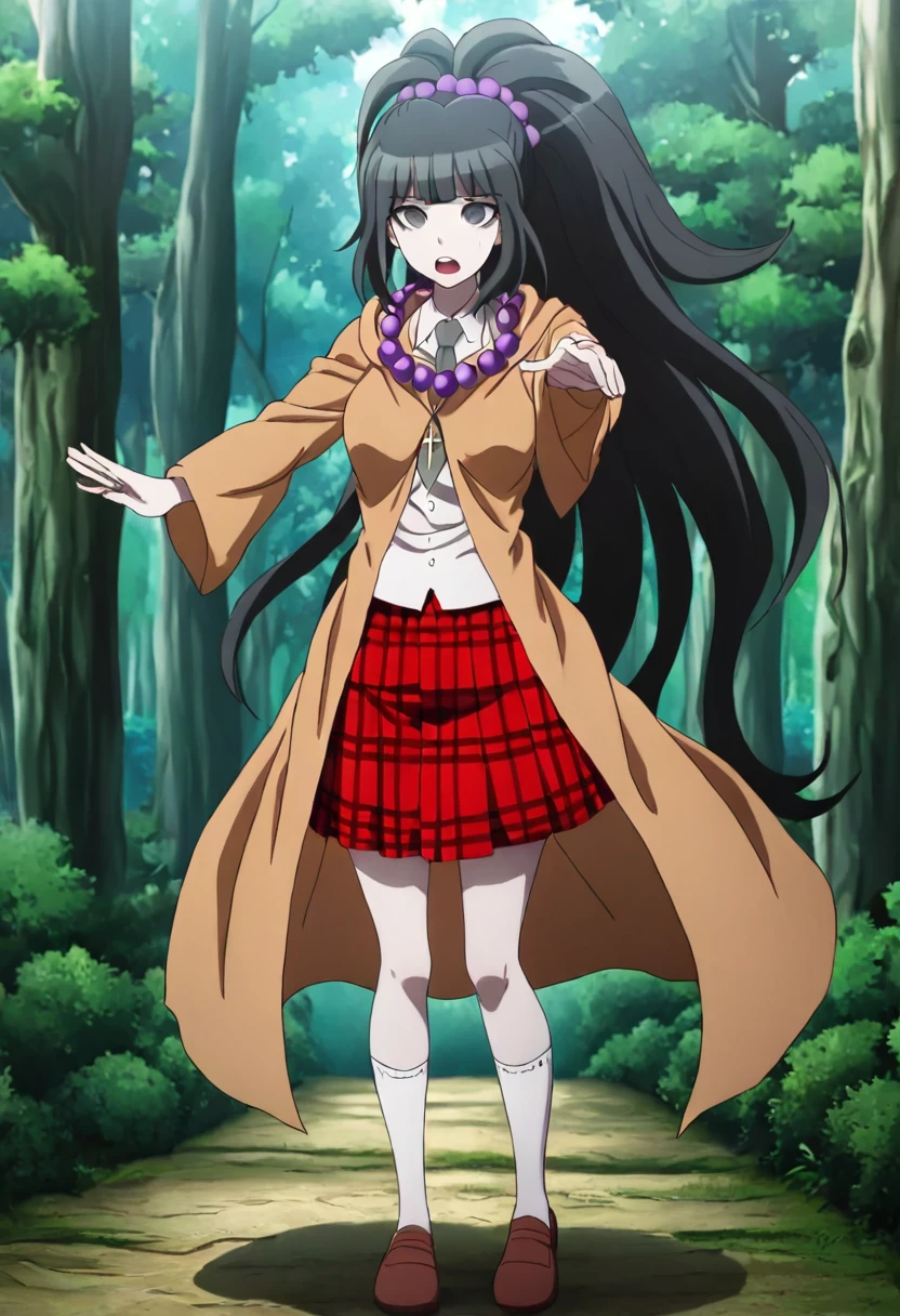 (((solo))),masterpiece, best quality, very aesthetic,  modern, modern anime, latest, best_quality, wide shot , amused expression , <lora:Mikako_Kurokawa_Illustrious:1>, This is an anime screencap from Danganronpa 3. Mikako Kurokawa is a tall young woman with slender physique. She has pale light skin, black eyes, and unkempt black hair tied in a ponytail with a vivid purple beaded scrunchie. She has bags under her eyes and a tired expression. Mikako is wearing her Hope's Peak uniform which consists of a white short-sleeved dress shirt with side pockets and short light gray necktie, red plaid skirt, white midcalf-length socks, and deep orange-brown loafers. Over her clothes, she wears a grayish brown cloak. She also wears a golden cross necklace and large purple prayer beads as a necklace. Mikako Kurokawa is performing an exorcism on a possessed person in a forest. She is standing over them with her hands outstretched, her unkempt black hair flowing in the wind.