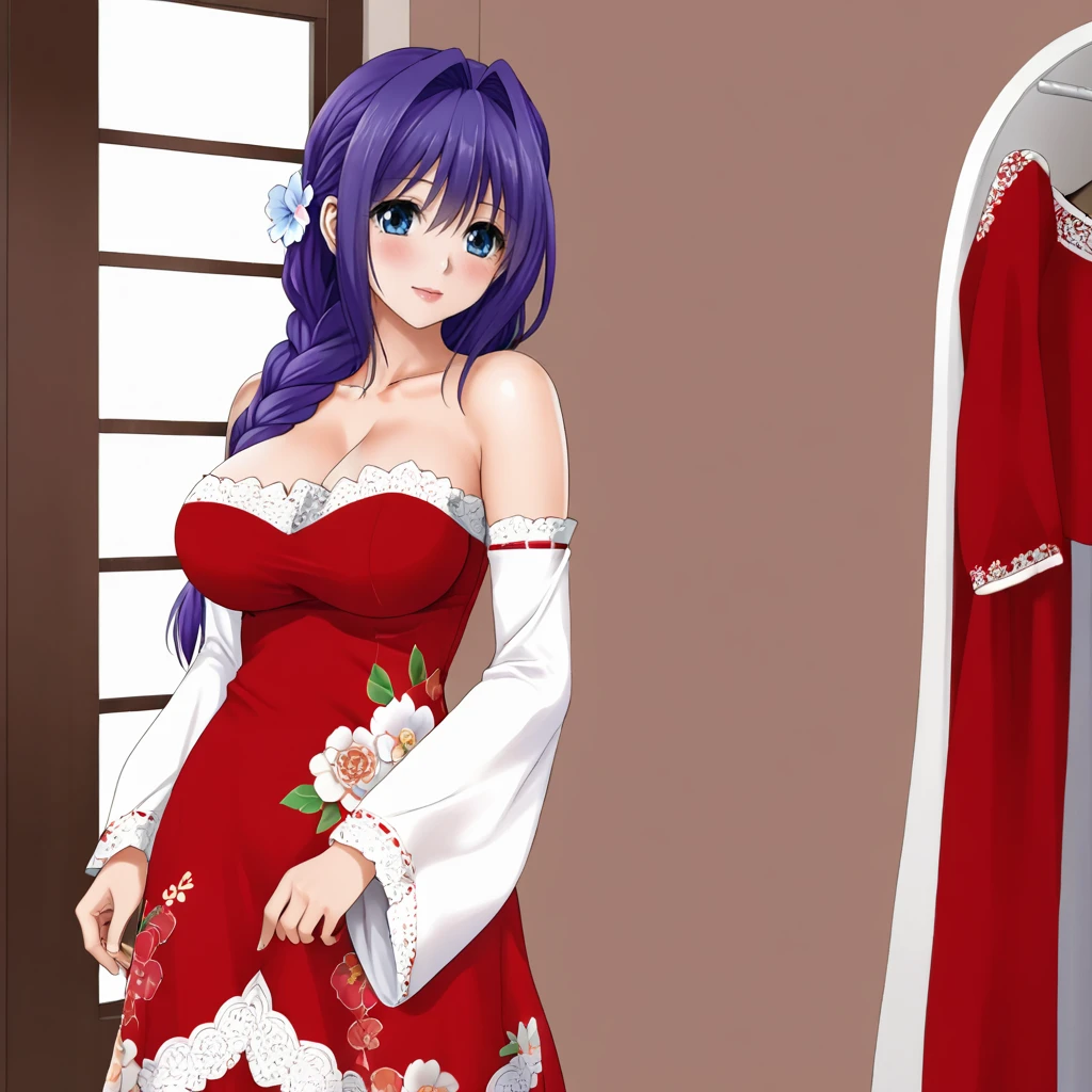 <lora:akikokanon_pony_v1:.7> AkikoKanon, 1girl, large breasts, mature female, single braid,  blue eyes, purple hair,  hair intakes, long hair,  hair over shoulder, cowboy shot, <lora:1007 Chinese wedding dress_v1_pony:1> ruanyi1007,bare shoulders,detached sleeves,red dress,floral print,strapless dress,