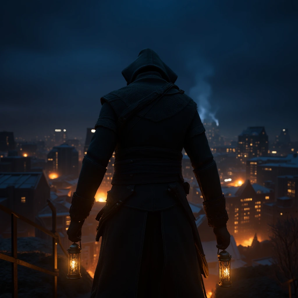 UHD, 4k, ultra detailed, cinematic, a photograph of  <lora:assassins creed style v1:0.9>
a viking man from behind standing in a city at night, gloves, 1boy, male focus, outdoors, hood, from behind, coat, night, fire, building, scenery, smoke, city Assassinâs Creed style, Assassins Creed style, Open world, Action-adventure, Stealth, dramatic light, cinematic film look, ancient, historical, solo, standing, hood up, lantern, stairs, ambiguous gender, armor, 1other, city, weapon, sky
, epic, beautiful lighting, inpsiring