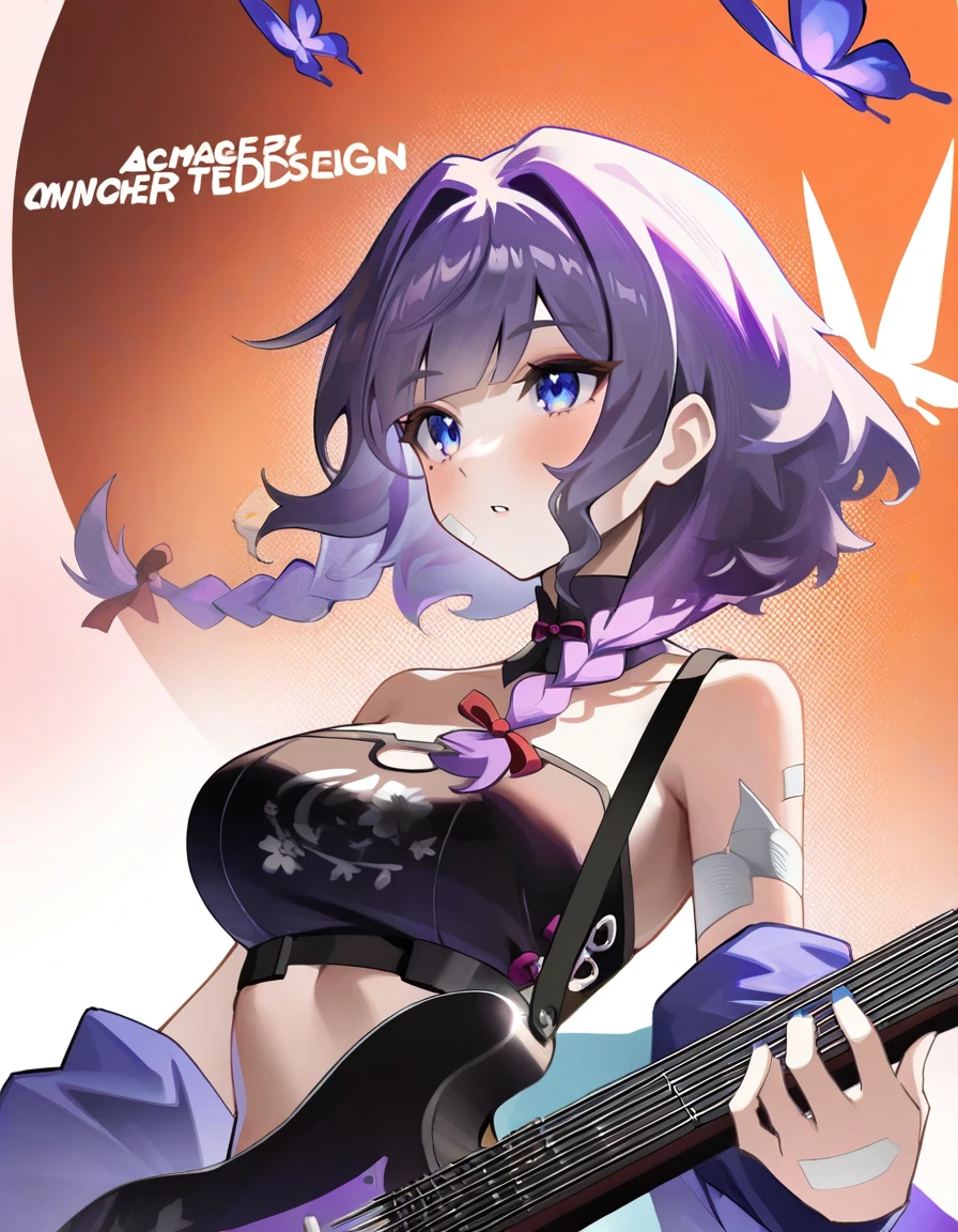 xytx-yelai, 1girl, solo, anotherstyle, bug, instrument, butterfly, braid, guitar, holding instrument, holding, upper body, off shoulder, blue eyes, strapless, breasts, bare shoulders, copyright name, purple hair,<lora:yelai_noob:1>,masterpiece,best quality,very aesthetic,absurdres,