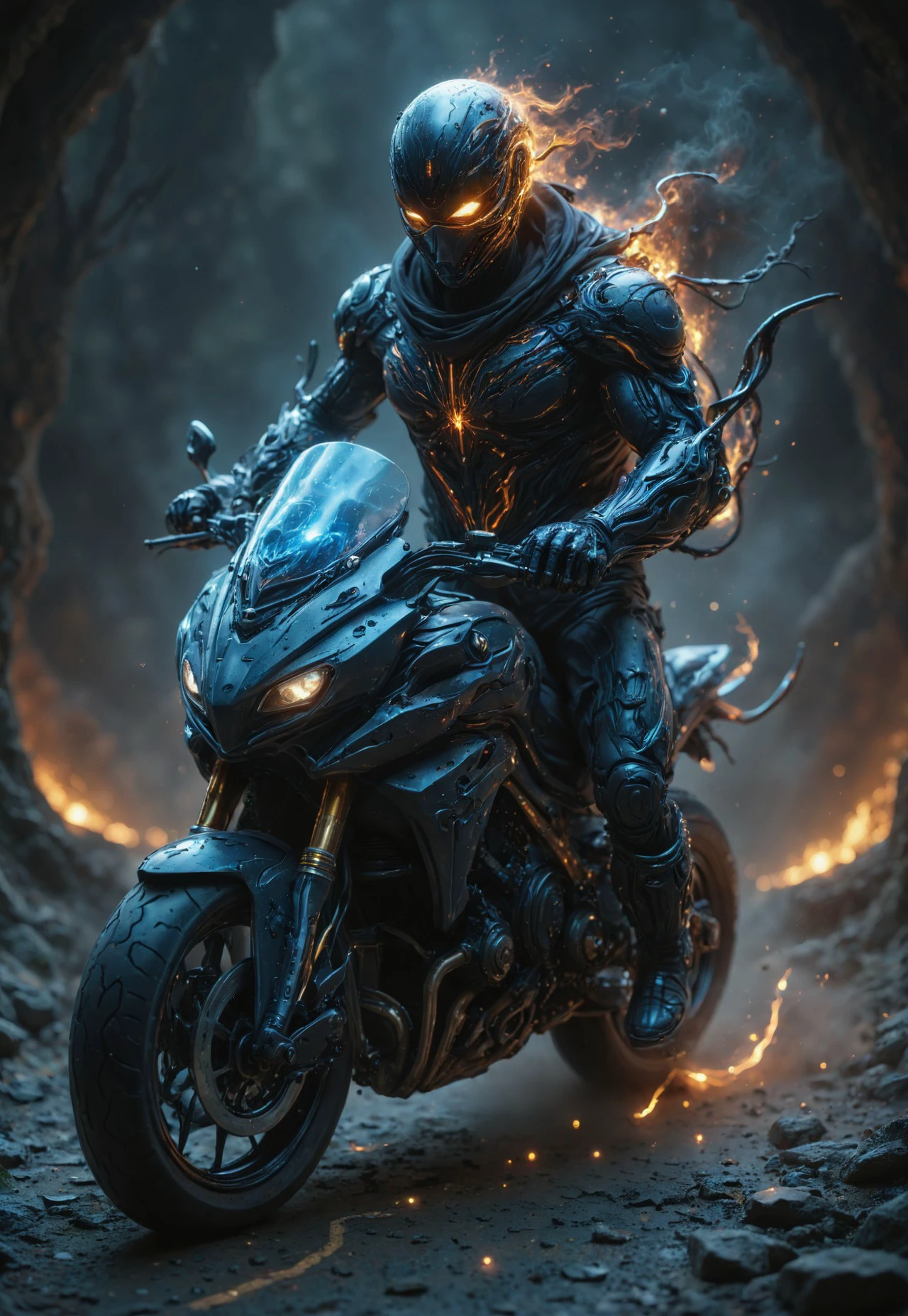 safe_pos, detailed realistic photo, score_9, score_8_up, score_7_up, rating_explicit, 8k, masterpiece cybernetic corruption a fiery sorcerer riding a motorcycle organic tissue synthetic components cybernetic enhancements detailed realistic skin, perfection style, perfectionstyle