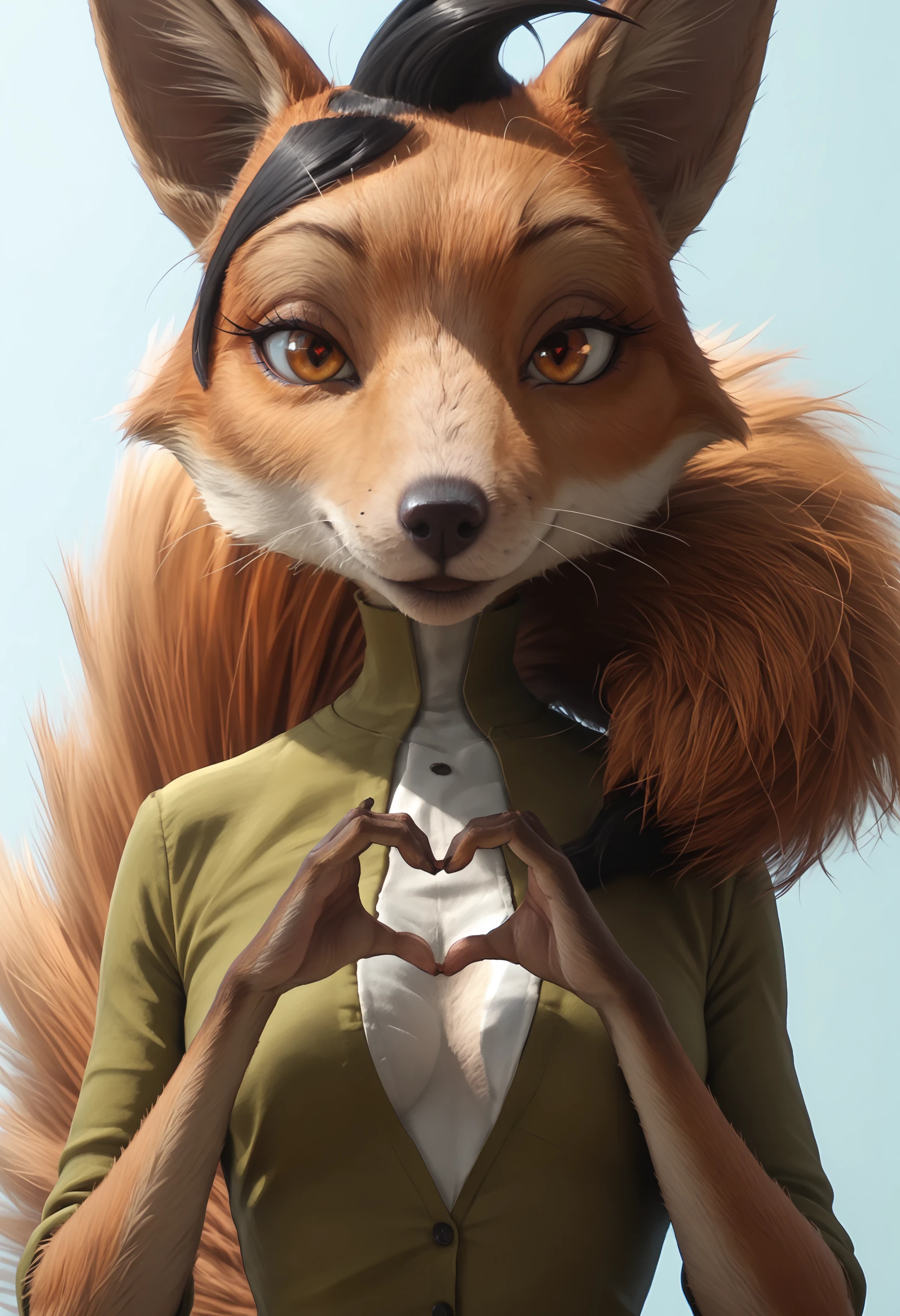 score_9, score_8_up, score_7_up, score_6_up, score_5_up, score_4_up, 1girl, <lora:AngeliqueRango:0.8> solo,  fox, furry, furry female, black hair, orange eyes, animal ears, snout, eyelashes, whiskers, tail, shirt, upper body, standing, looking at viewer, breasts, smile, heart hands, heart pupils, 
( light blue background:1.2), simple background,