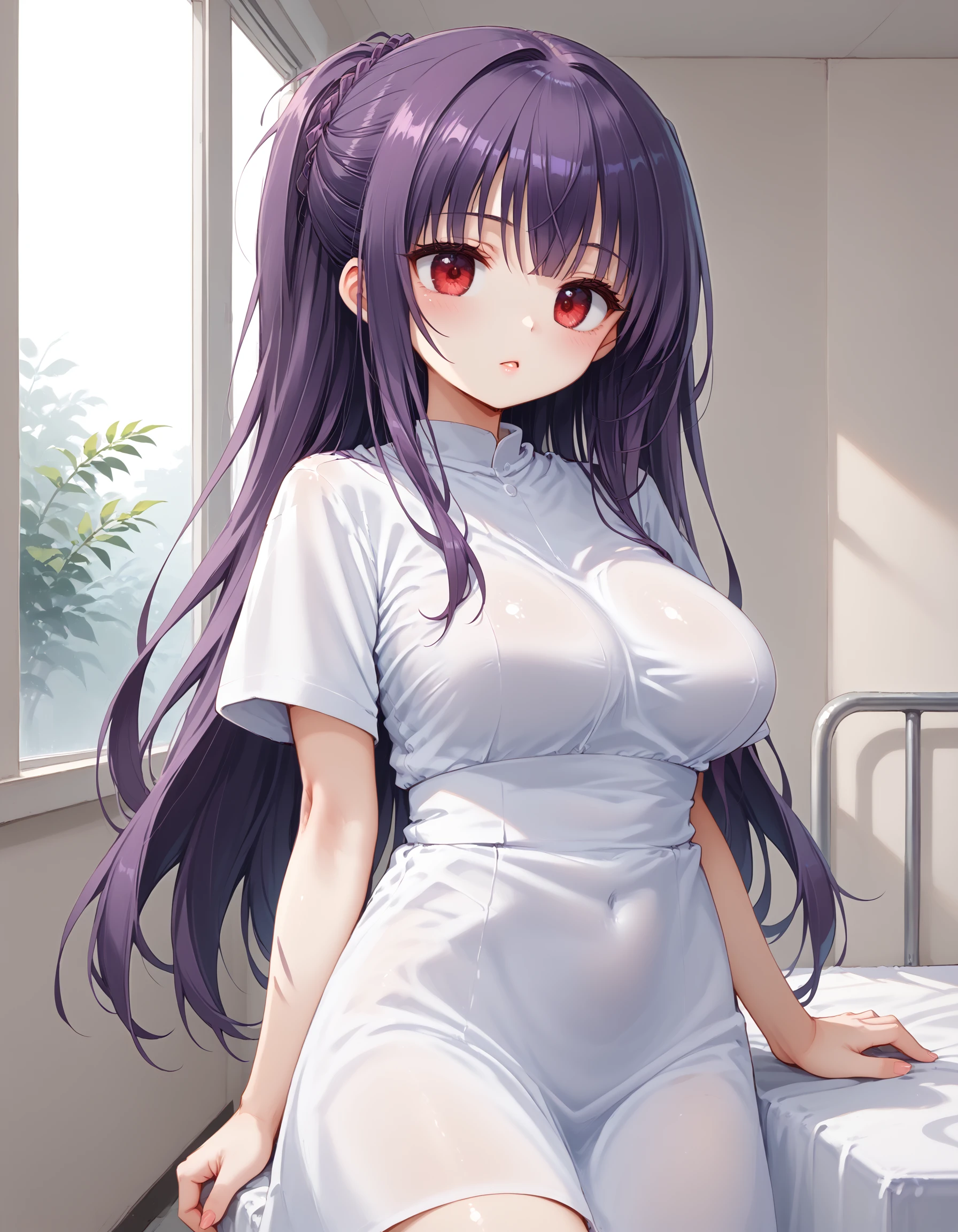 score_9, score_8_up, score_7_up, source_anime, highres, solo, solo focus, 1girl, in hospital, <lora:takasu-miyabi_Prima_Stella_Atelier_Kaguya:0.7> miyabi, purple hair, red eyes, large breasts, natural,
BREAK <lora:nurse_pony_V1.0:0.7> nurse, white dress,