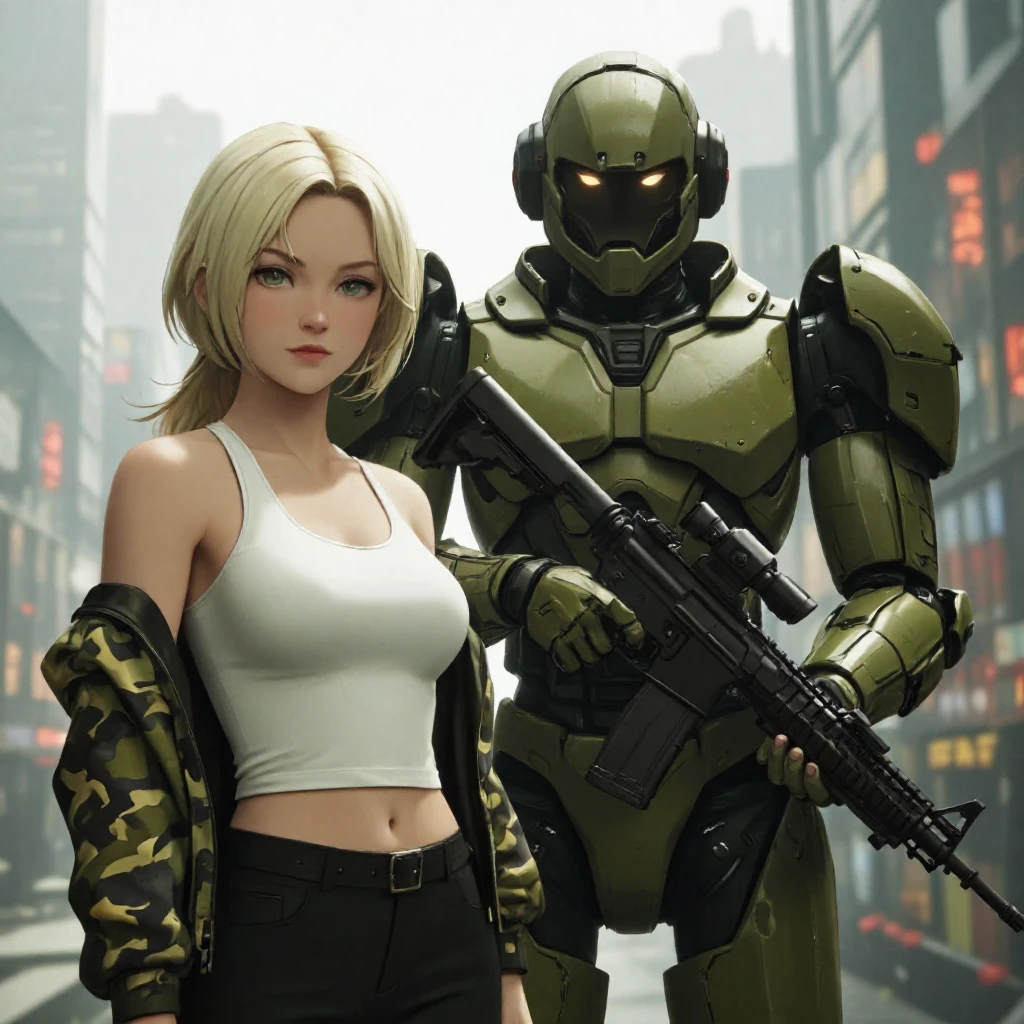 A CGI image of a blonde woman in a white tank top and camouflage jacket stands next to a large, futuristic, armored robot holding a rifle. The background shows a dystopian cityscape. The robot has a metallic, olive-green design with glowing eyes and a helmet. The woman has a determined expression, while the robot appears protective.