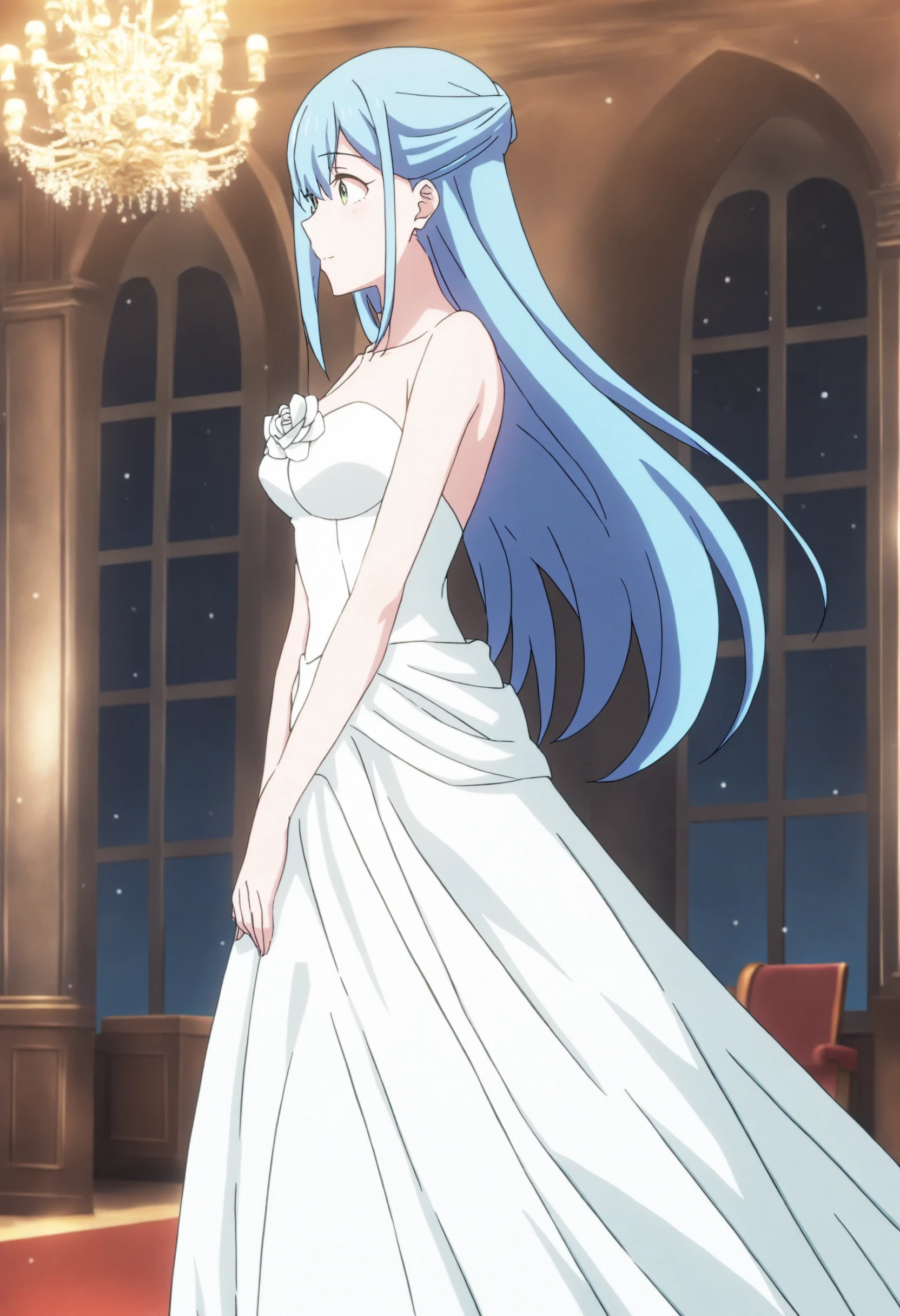 <lora:Sicily von Claude - [Kenja no Mago] - illustriousXL v1:1>, sysdeep_sicily, blue hair, green eyes, elegant gown, walking, ballroom, graceful, night