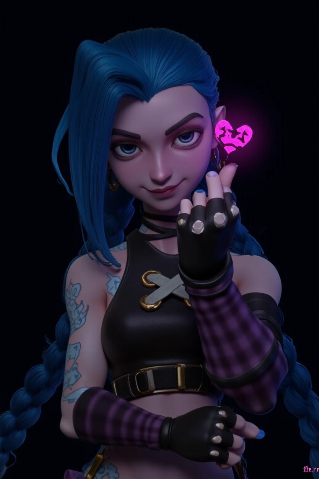  jinx,lol, 1girl, with blue hair ,holding a pink heart in her hand against a dark background.Reasonable fingers, natural posture, cinematic feel, and rendered texture. Atmosphere sense.