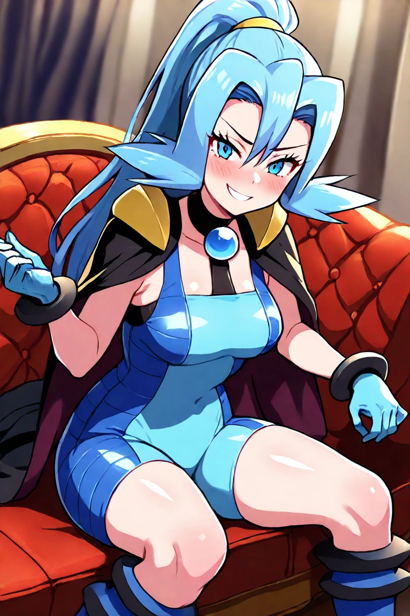 masterpiece, best quality, absurdres, medium breasts, (curvy), cute, eyelashes, vivid colors, BREAK, ,,, , ,,, zzClair, solo, 1girl, long hair, blue hair, blue eyes, ponytail, blue bodysuit, black cape, blue glove, <lora:ClairPokemonIXL_e08:1.0>, ,,, , ,,, spreading legs, hand on lap, blush, smug, ,,, smile, looking at viewer, blush, blurry, couch, sitting, shiny skin,