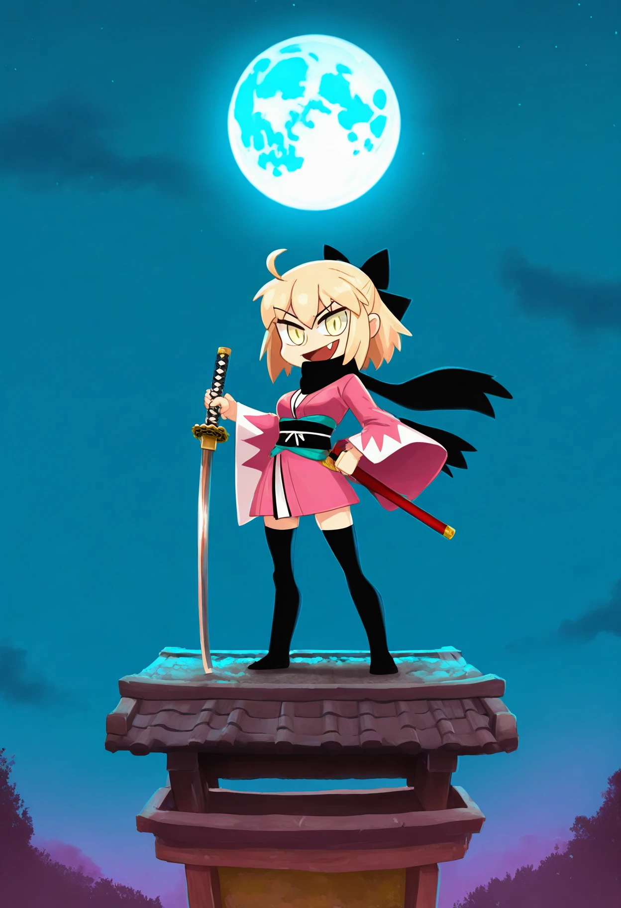 masterpiece, best quality, absurdres, very aesthetic, raymanstyle, 1girl, solo, okita_souji_(fate), fate_(series), 1girl, blonde hair, yellow_eyes, ahoge, upbeat, fang, black hair ribbon, kimono, black scarf, outdoors, night sky, moon, black thighhighs, holding katana