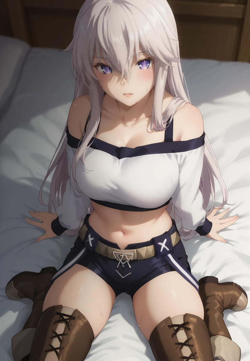 zPDXL3, score_9_up, score_8_up, score_7_up, (Anime_source),Masterpiece,(perfect female body:1.2), small waist,(incredibly detailed:1.4), slim, beautiful fingers, beautiful white skin, Beautiful clear skin, (big breasts:1.2) (thick thighs:1.2), parted lips, sitting in bed, sweat, looking at viewer,  big breasts,  <lora:Zero_-_Mahoutsukai_Reimeiki-PONY-Kaleid:1> zero, 1girl, silver hair, purple eyes, long hair, bangs, hair between eyes, (large breasts:1.4) (facing viewer:1.6) from above, legs apart, whole body, legs up, kneeling up,black shorts, belt, shirt, bare shoulders, thighhighs, brown footwear, boots, short shorts, crop top