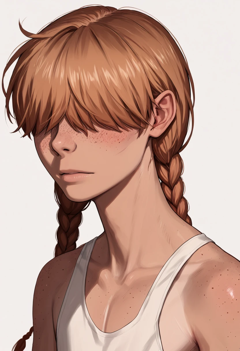 score_9, score_8_up, score_7_up, realistic,
 <lora:Ellie:1> ellie, femboy, hair covers eyes, braids, pigtails, twin braids, freckles, tan, 1boy
, solo,
standing,
looking at viewer,
white background, simple background,, score_9, score_8_up, score_7_up, intricate details, rating_safe, fantasy setting,
depth of field, detailed background,
<lora:ral-chrosc-clr:0.5>, ral-chrosc-clr,
<lora:Expressive_H:0.5>, expessiveH,
<lora:xl_more_art-full_v1:0.3>,
<lora:add-detail-xl:0.3>