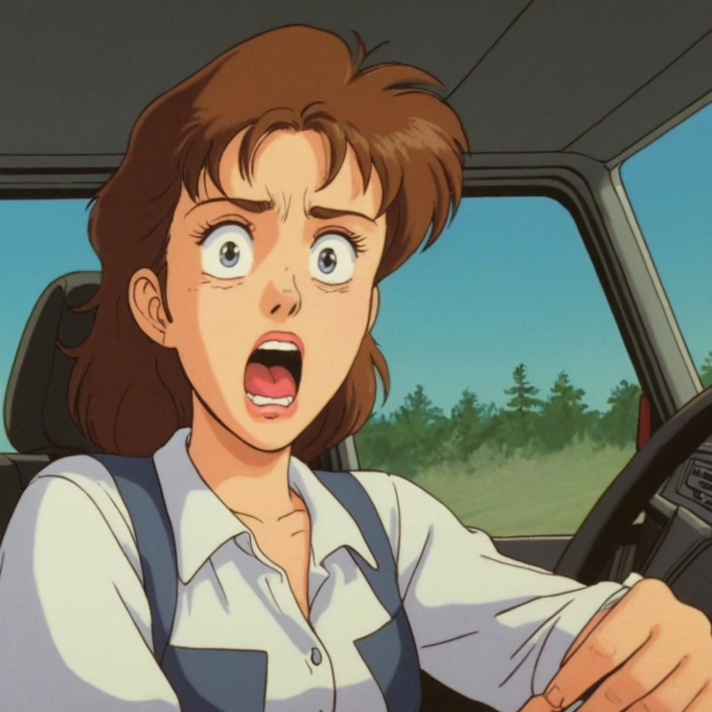 <lora:Riding Bean cartoon style v1:0.7>
Semmerling In 1990's A cartoon of a serious shouting woman with a surprised look on her face staring at camera while sitting inside a truck car, sharp image, detailed image, original video animation style, manga cartoon style, 1990's style, cinematic style, perfect cartoon style, 1girl, solo, looking at viewer, open mouth, blue eyes, brown hair, v-shaped eyebrows, retro artstyle, 1980s (style), cockpit, closeup