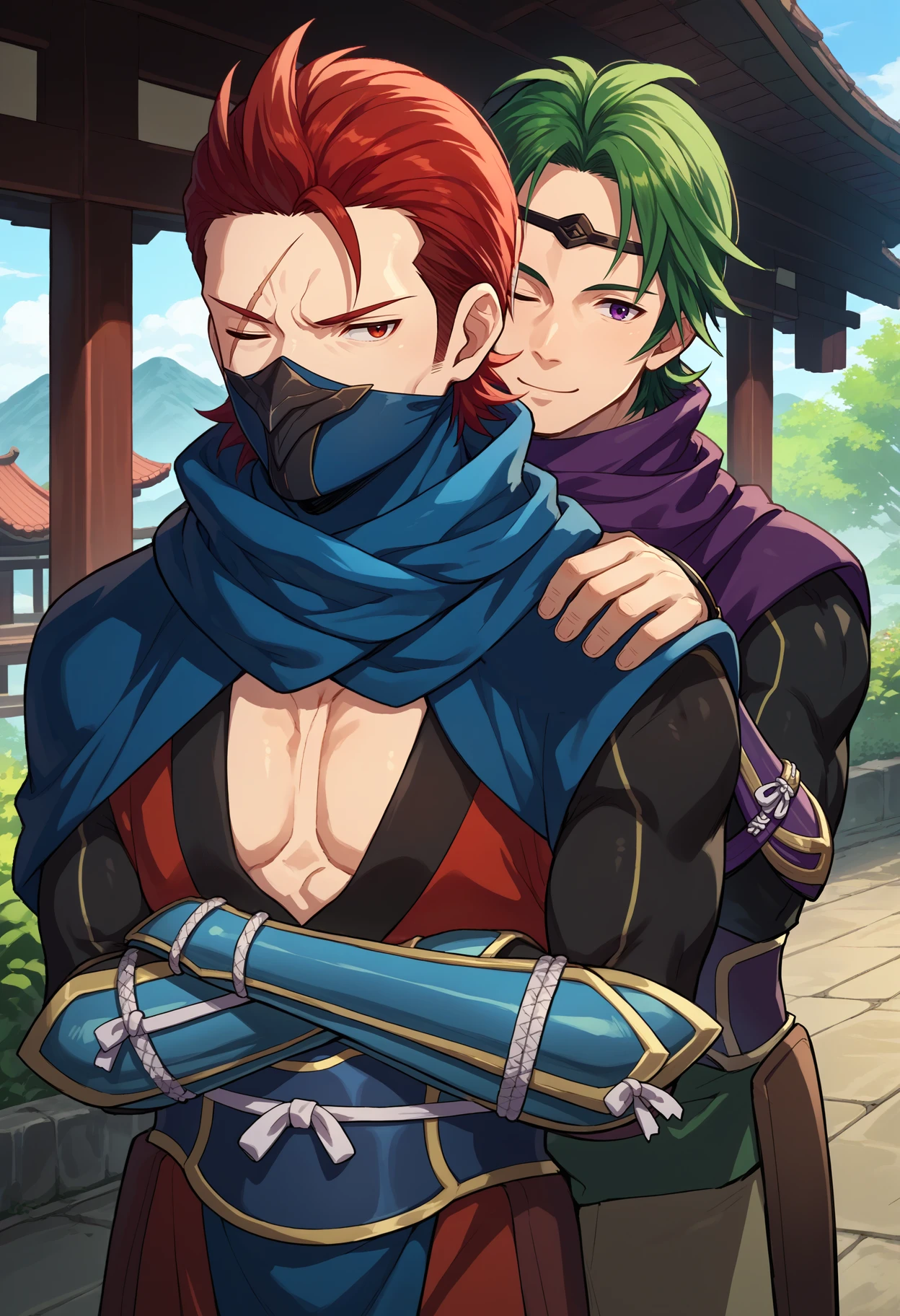 score_9, score_8_up, source_anime, 2boys, brothers, outdoors, BREAK
crossed arms, unamused, <lora:SaizoFE-pdxl:0.9> saizo, red hair, short hair, red eyes, one eye closed, scar across eye, mouth mask, blue scarf, japanese clothes, pectoral cleavage, sash, vambraces, BREAK
happy, smile, hand on another's shoulder, looking at viewer, <lora:KazeFE-pdxl:0.8> kaze, green hair, circlet, purple eyes, purple scarf, ninja, bracer, sash