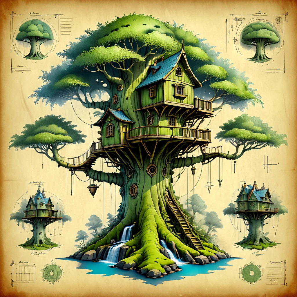 A blueprint of treehouse, technical drawing, Concept art, three-side view, 3D rendering, detailed background, detailed shading, drawing of weathered lines on leather paper, expressive style, featuring a mossy texture and rounded off edges, full-body shot, high resolution, highly detailed and intricate, natural lighting, on mossy paper, showcasing the design in a medieval style, leather background, vintage toned tone, ultra-realistic, with a mossy texture on paper, a very detailed technical drawing with notes on prehistoric paper.   masterpiece, detailed, best quality, absurd resolution,  <lora:artfully_BLUPRNT3D:0.8>