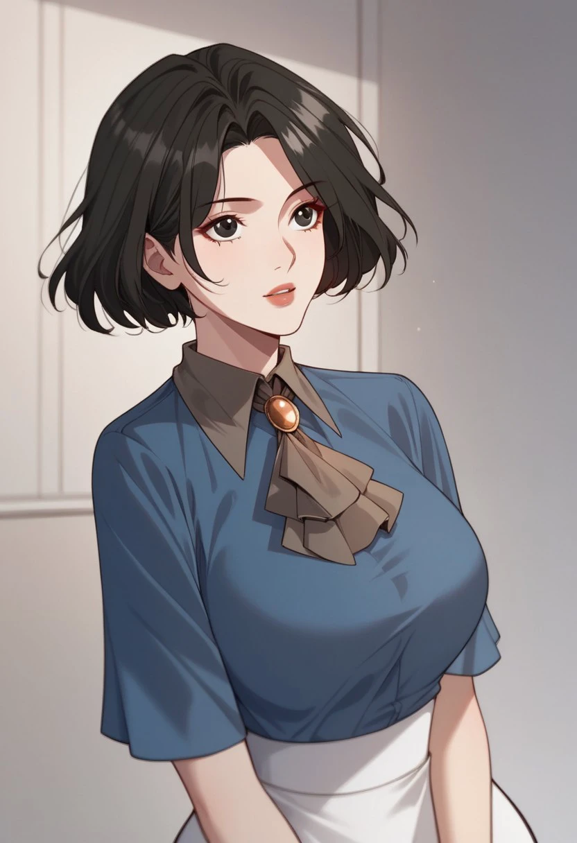 score_9, score_8_up, score_7_up, BREAK, WuYurong, black hair, short hair, black eyes, large breasts, WuCasual, ascot, brooch, blue shirt, collared shirt, white skirt, pencil skirt, high-waist skirt, 1girl, solo,