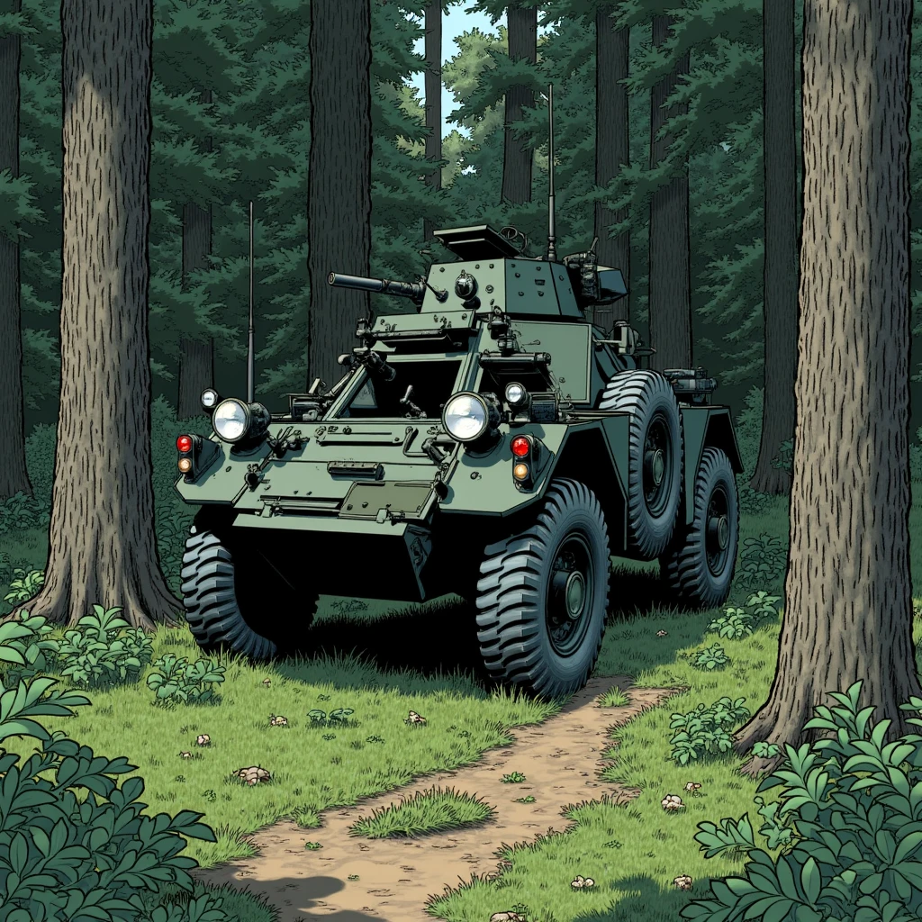 "Imagine an image in graphic novel style, depicting the FV701 Ferret four-wheeled armored car nestled among dense trees and shadows in the forest, camouflaged by undergrowth as it conducts silent reconnaissance."