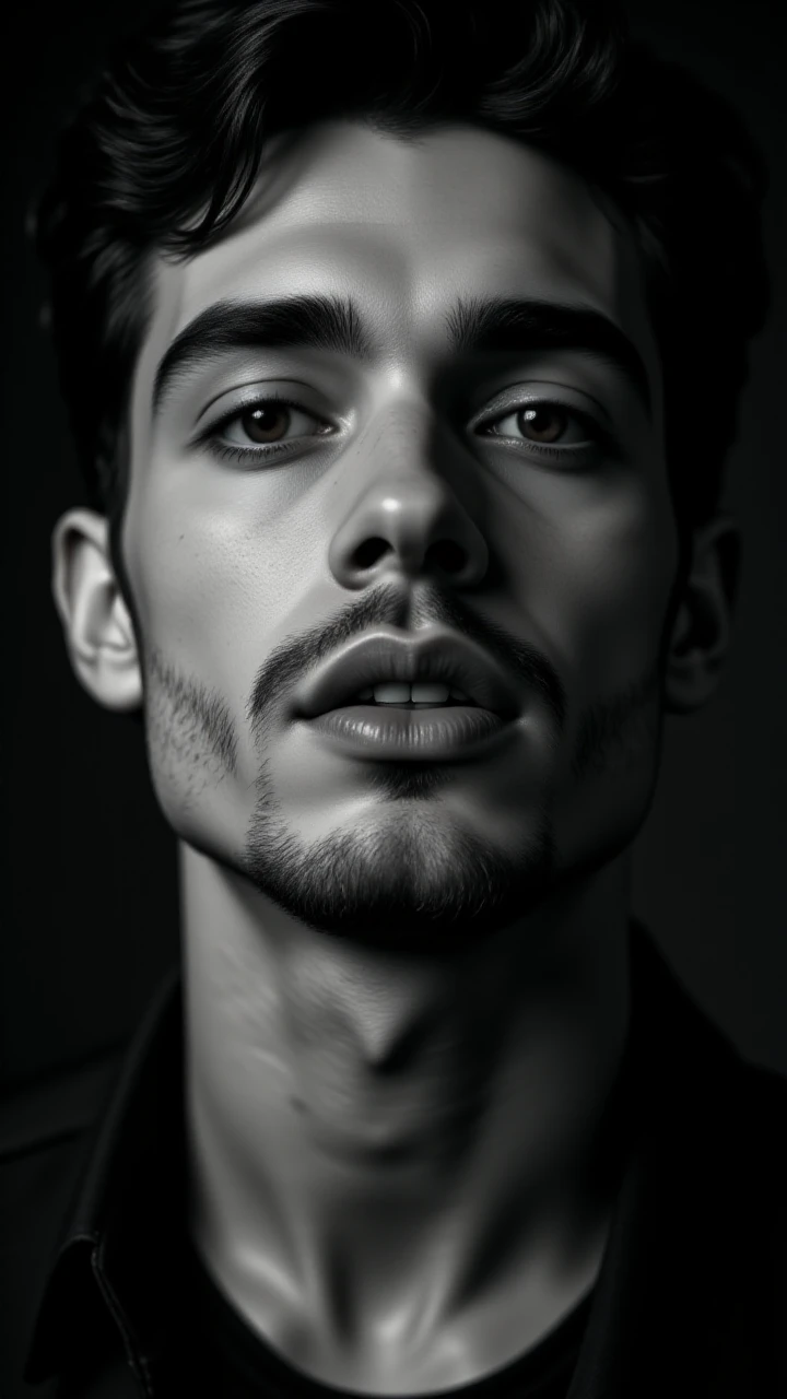 A classic black-and-white close-up shot of a male model with finely defined features and deep-set eyes. The lighting is soft yet dramatic, capturing every detail of his expression, from the subtle furrow of his brow to the slight curve of his lips. His skin texture is visible, adding authenticity and depth. The black-and-white format emphasizes the shadows and lines, creating a timeless, almost sculptural feel,<lora:BetterPortraits:1>