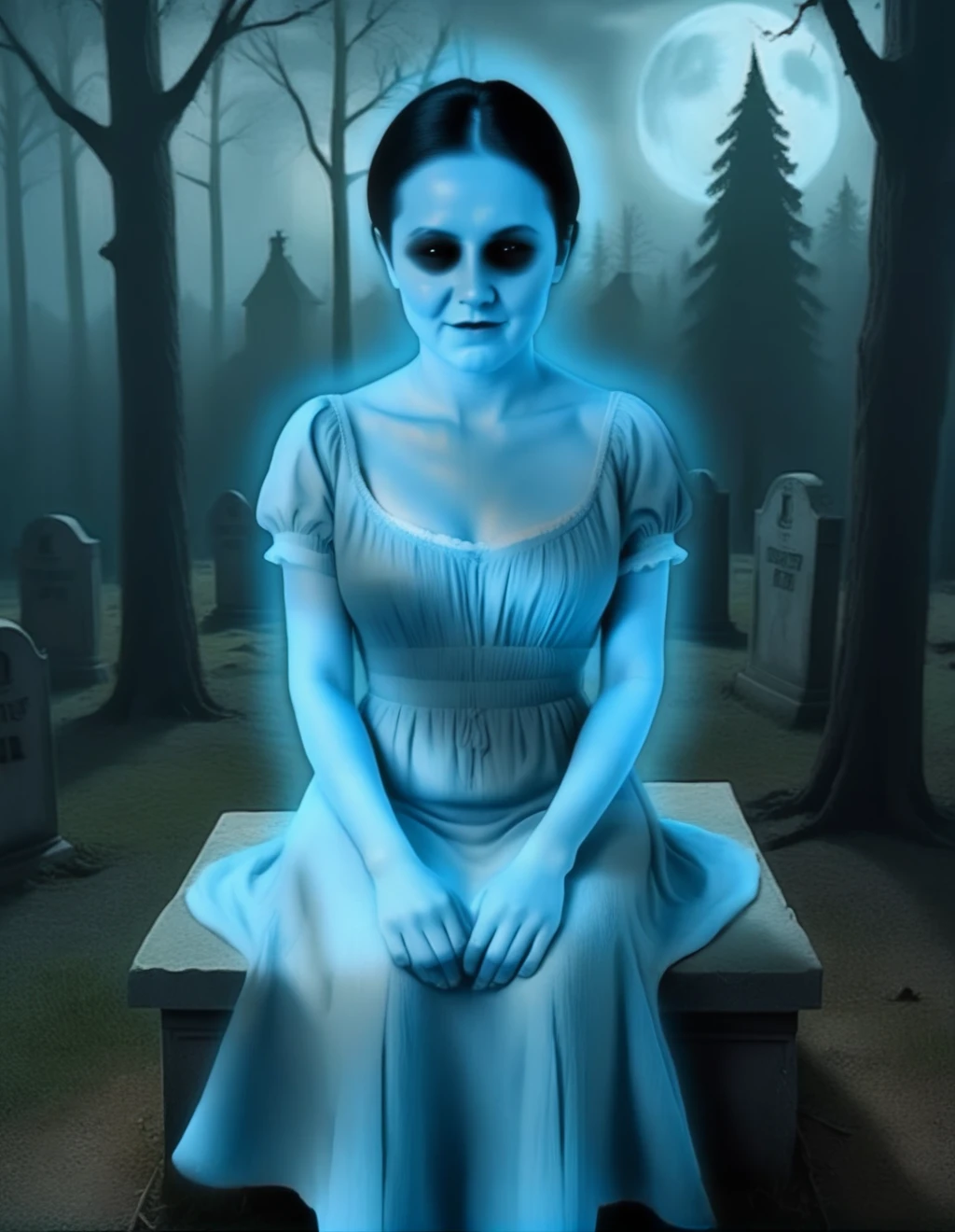 MaryTheGhostGirl, dress, blue skin, black eyes, glowing, sitting on a tombstone, creepy dead trees, hands in lab, high angle view
 <lora:MaryTheGhostGirl-000005:0.7>