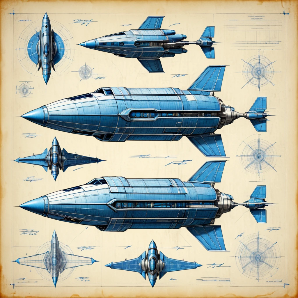 A blueprint of spaceship, technical drawing, Concept art, three-side view, 3D rendering, detailed background, detailed shading, drawing of stained lines on cotton paper, expressive style, featuring a textured texture and beveled edges, full-body shot, high resolution, highly detailed and intricate, natural lighting, on textured paper, showcasing the design in a legendary style, cotton background, muted tone, ultra-realistic, with a textured texture on paper, a very detailed technical drawing with notes on ancient paper.   masterpiece, detailed, best quality, absurd resolution,  <lora:artfully_BLUPRNT3D:0.8>