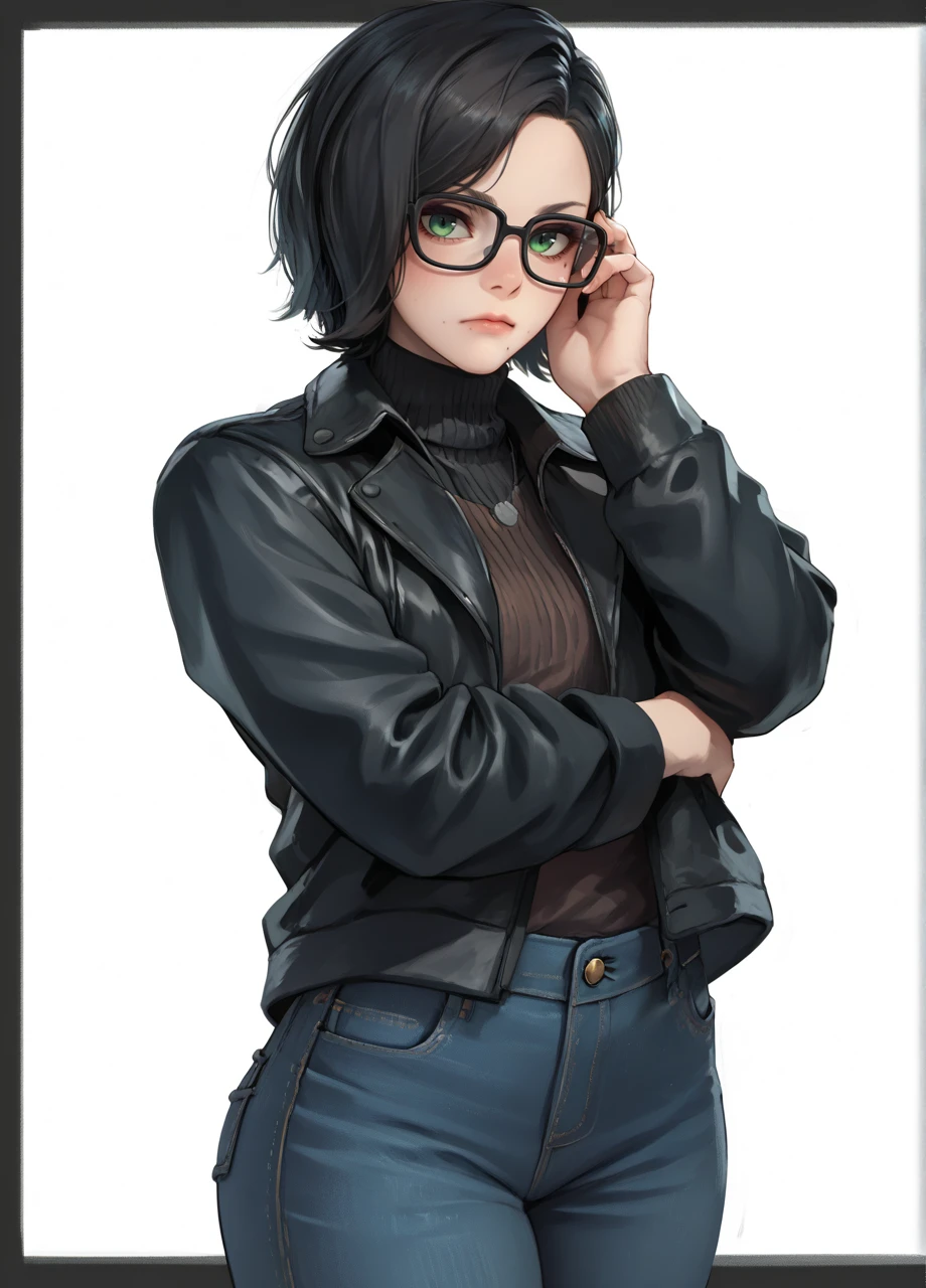 1girl, solo, cowboy shot, white background, codhelen, short hair, black hair, green eyes, black framed eyewear, adjusting glasses, mole, black leather jacket, ribbed turtleneck, jeans pants  <lora:CoD_Helen-PONY:1>, score_9, score_8_up, score_7_up, score_6_up,