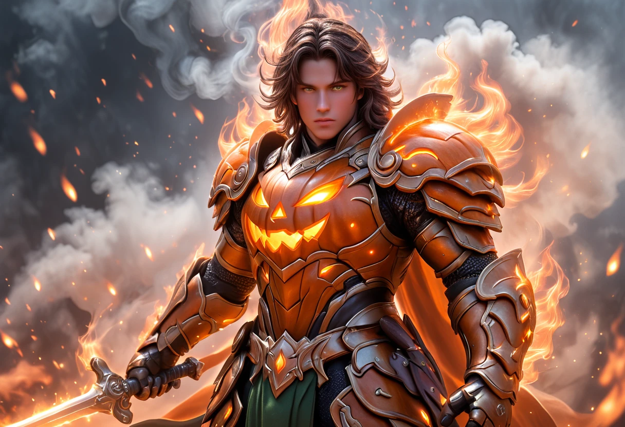 jackoknight, pumpkin armor, 1boy, A handsome young man with dark brown hair and green eyes, stands on the battlefield, surrounded by smoke and fire, his glowing armor a beacon of unwavering strength. With a sword gripped firmly in hand, the flames of battle reflect in his eyes as long hair flows like a banner in the wind. Clad in full armor, from shoulder to gauntlets, he is ready for whatever the war may bring. The fire and smoke may rage, but this warrior's resolve remains unshaken, facing the chaos head-on, standing alone but unbroken.