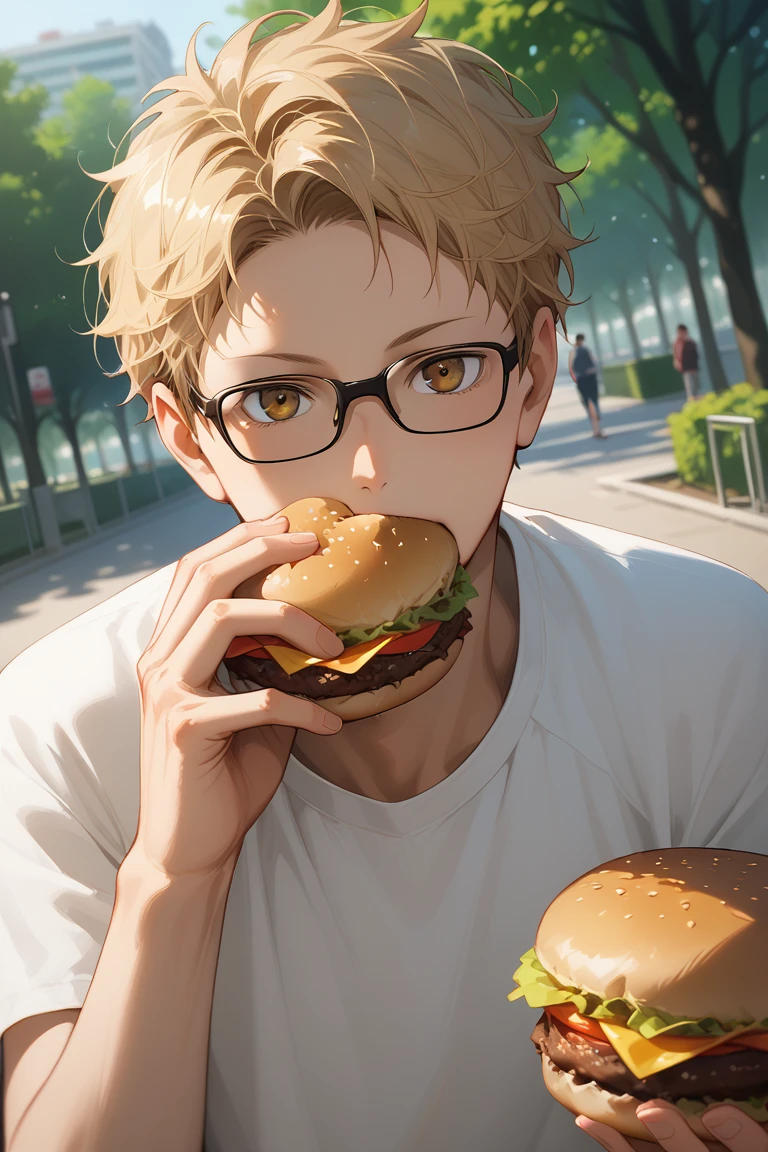 score_9, score_8_up, score_7_up, source_anime, rating_questionable, day, natural lighting, casual theme, male focus, leaning forward, looking at viewer, eating, holding burger, expressive face, KeiHU, blonde_KeiHU_short hair, black_KeiHU_glasses, brown_KeiHU_eyes, covered mouth, short sleeves, casual clothes, 1boy, blurry outdoors, park, scenery, dutch angle, intricately detailed illustration, atmospheric perspective, depth of field