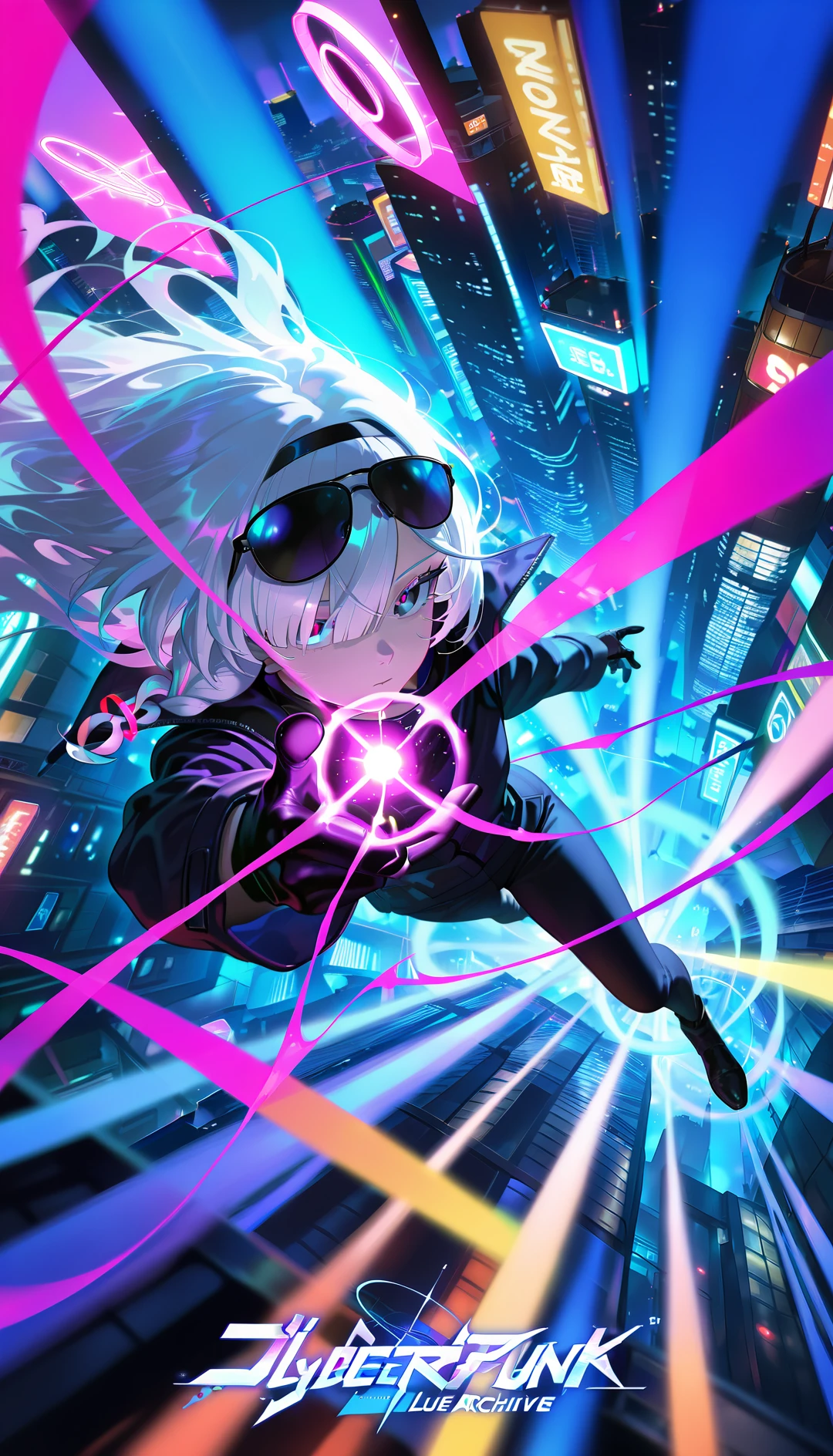 masterpiece, best quality, amazing quality, very aesthetic, absurdres,  newest, scenery, 1girl, expressionless,  night, plana \(blue archive\), text "BLUE FUNK", gojou satoru \(cosplay\), sunglasses, white hair, black gloves, jacket, pointing at viewer, dutch angle, from above, casting spell, purple magic, glowing eyes, close-up, , photorealistic, close-up, poster \(medium\), dutch angle, from above, (wide shot), cyberpunk, neon, dark background, rain, close-up, dutch angle, city, (colorful), from above, dynamic pose, ((wide shot)), LOGO, poster \(medium\), , masterpiece, best quality, amazing quality, very aesthetic, absurdres,  newest, scenery, volumetric lighting