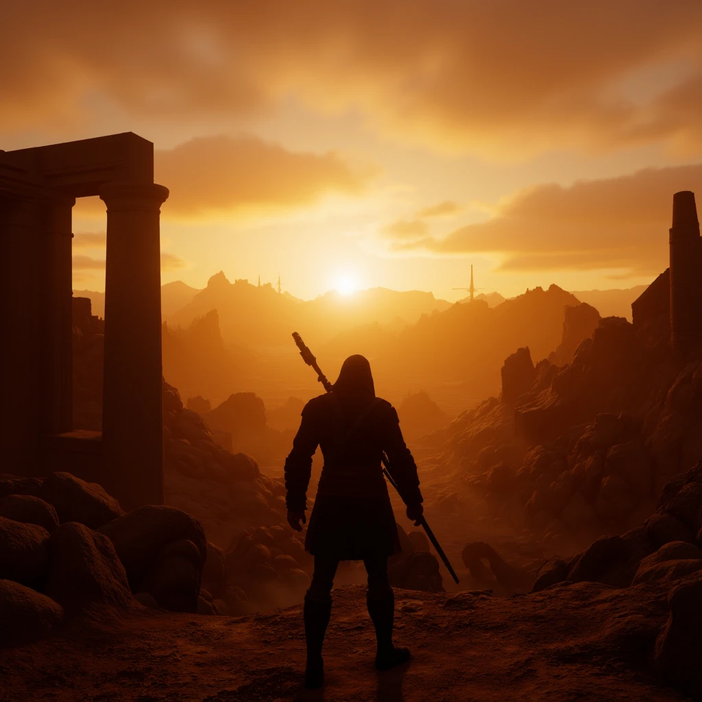 UHD, 4k, ultra detailed, cinematic, a photograph of  <lora:assassins creed style v1:0.8>
a man standing in front of a ruined city, solo, standing, weapon, outdoors, sky, from behind, robot, building, scenery, science fiction, sun, ruins Assassinâs Creed style, Assassins Creed style, Open world, Action-adventure, Stealth, dramatic light, cinematic film look, ancient, historical, 1boy, 1other, ruins, ambiguous gender, sunset, orange sky, rubble, post-apocalypse, desert, male focus, cloud, epic, beautiful lighting, inpsiring