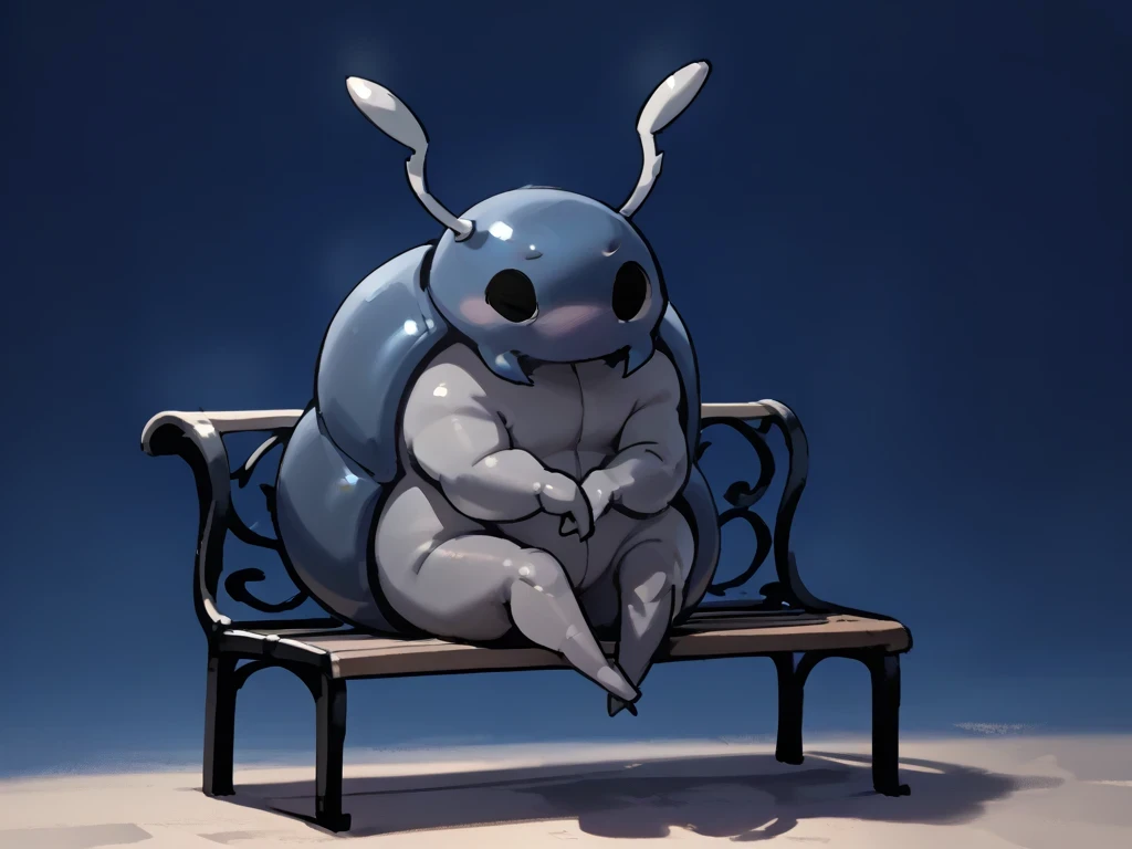 score_9, score_8_up, score_7_up, brettahk, solo, anthro, antennae, mandibles, mouthless, two tone body, countershading, grey body, blue body, hollow eyes, black eyes, featureless feet, featureless hands, arthropod, sitting, bench, blue background