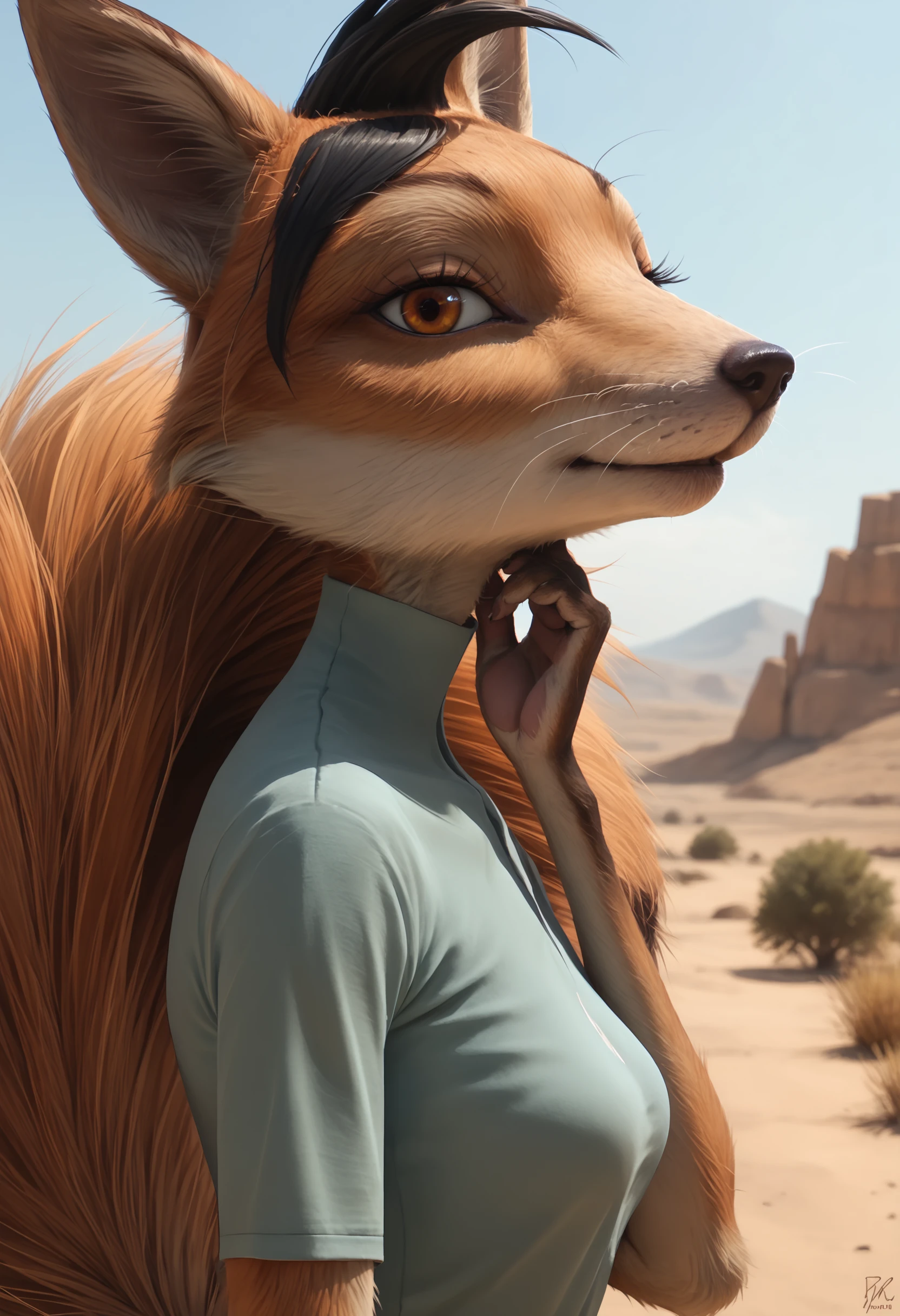 score_9, score_8_up, score_7_up, score_6_up, score_5_up, score_4_up, 1girl, <lora:AngeliqueRango:0.8> solo,  fox, furry, furry female, black hair, orange eyes, animal ears, snout, eyelashes, whiskers, tail, shirt, upper body, standing, looking at viewer, breasts, smile, from side, hand on cheek, 
desert, mountains,