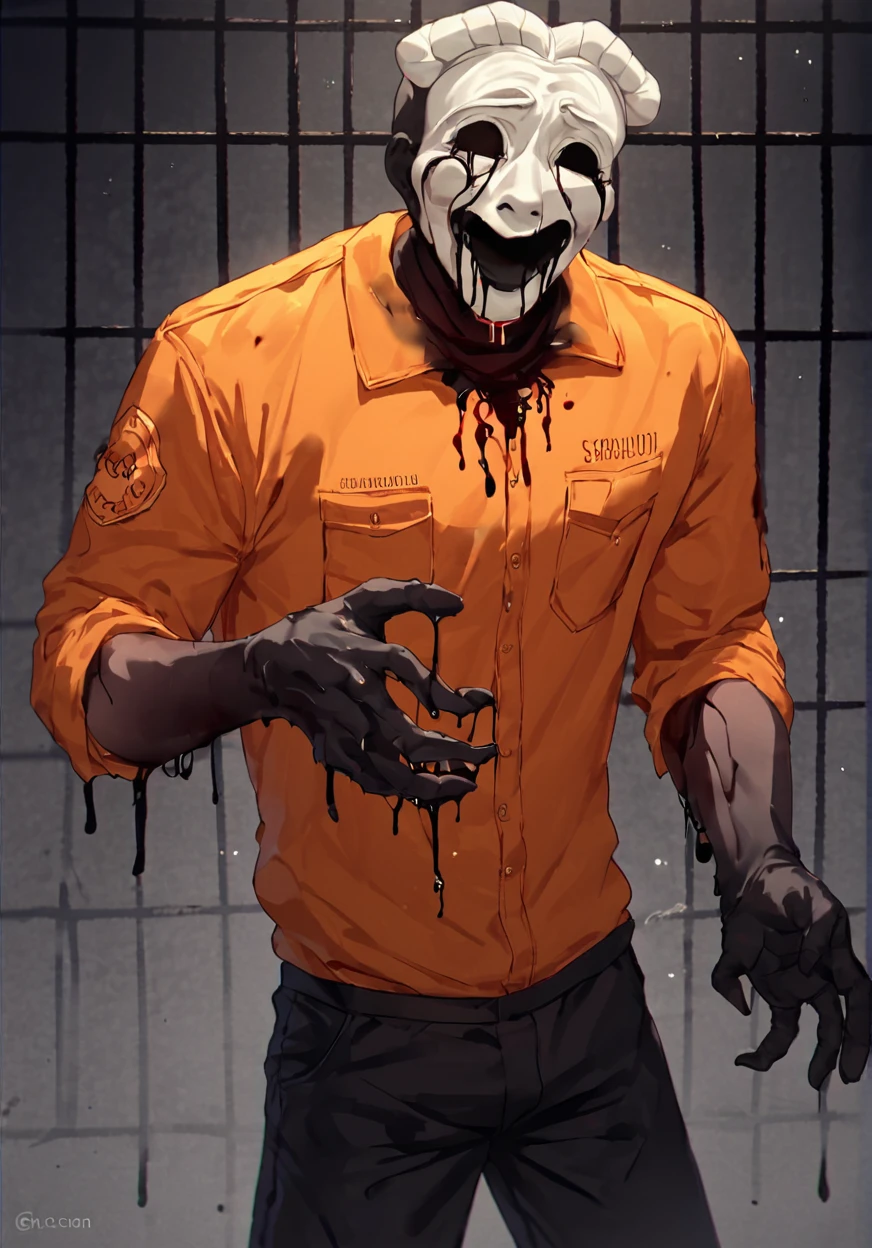 <lora:scp035-10:1> , best quality, source_anime,  score_9, score_8_up, score_7_up, male focus, scp035, cowboy shot, dark background, black gore, vomiting black blood, orange prison jumpsuit, , black pants, clothed, black slime, blood, covered in black slime, detailed prison cell background,, black hands,