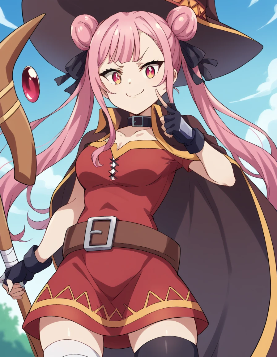 score_9, score_8_up, score_7_up, source_anime, <lora:tao-yuifa-s1-ponyxl-lora-nochekaiser:1>, tao yuifa, long hair, bangs, twintails, hair ribbon, pink hair, pink eyes, hair bun, double bun, medium breasts,, <lora:megumin-cosplay-ponyxl-lora-nochekaiser:1>, megumin cosplay, megumin (cosplay), thighhighs, gloves, hat, dress, black gloves, belt, black thighhighs, fingerless gloves, cape, collar, witch hat, bandages, red dress, single thighhigh, asymmetrical legwear, bandaged leg,, staff, holding staff, smug, outdoors, looking at viewer, cowboy shot,, , dutch angle, cowboy shot